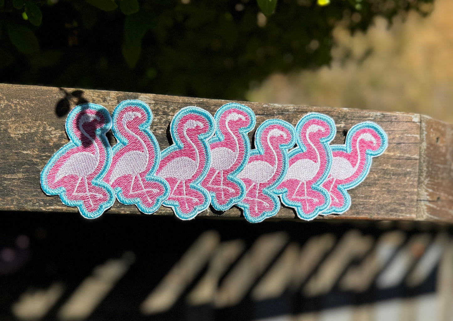 Embroidered Patch Flamingo with Pink and Blue background - iron or sew on - backpack, trucker hat, clothing - gifts for her