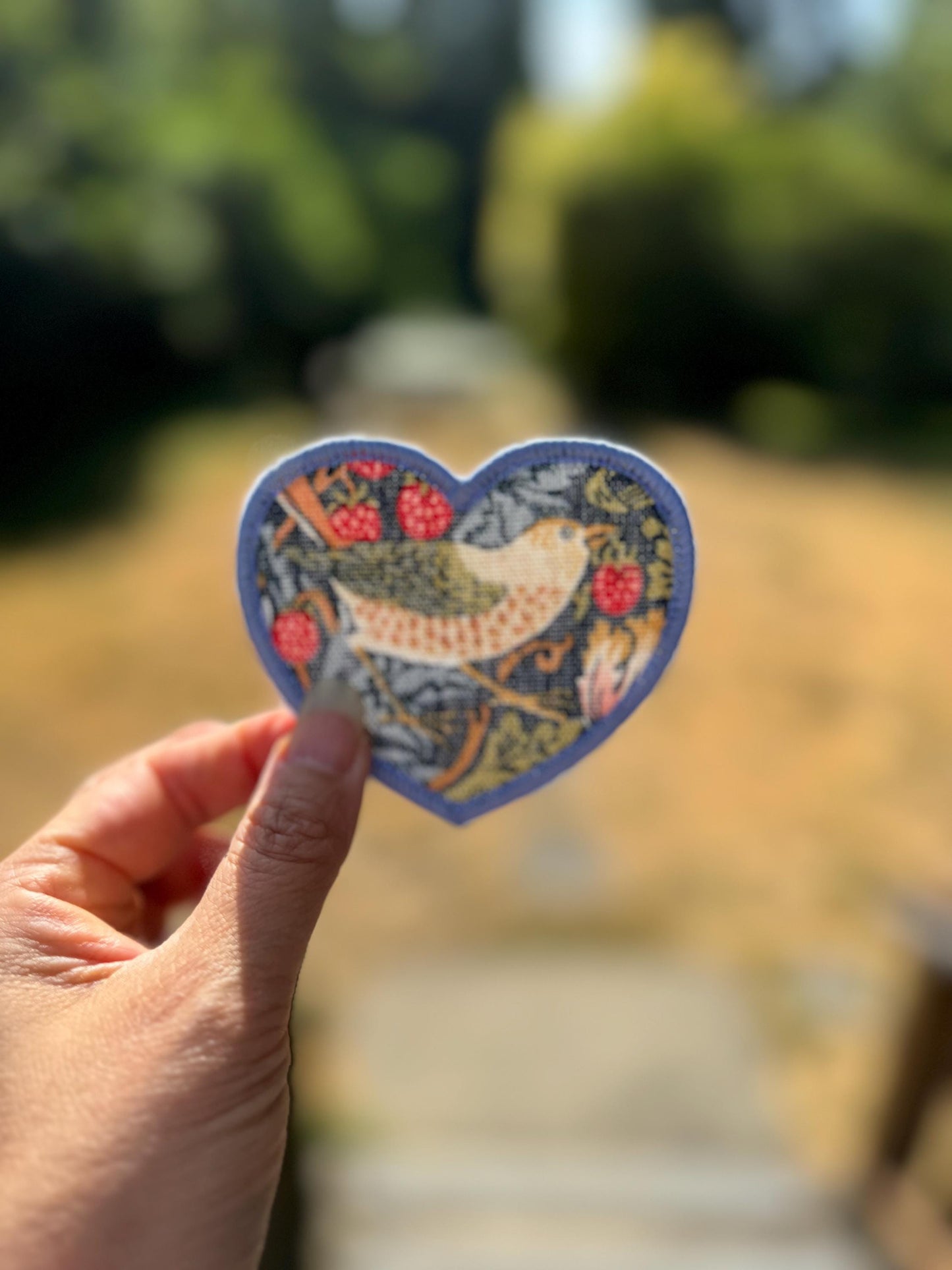William Morris Fabric Heart Applique Patches - Strawberry Thief Navy, Willow Bough Green, Aqua, Golden Lily - iron on-gift for her