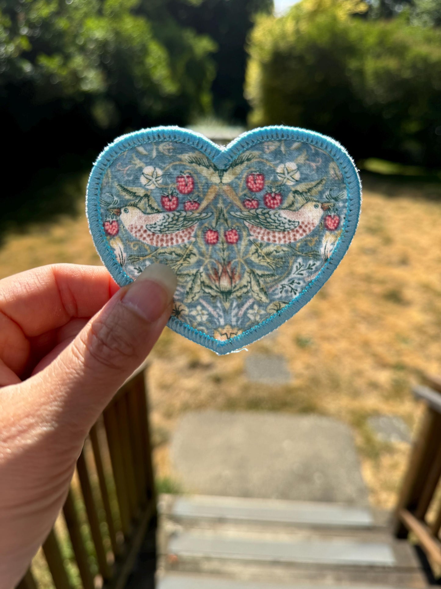 William Morris Fabric Heart Applique Patches - Strawberry Thief Navy, Willow Bough Green, Aqua, Golden Lily - iron on-gift for her