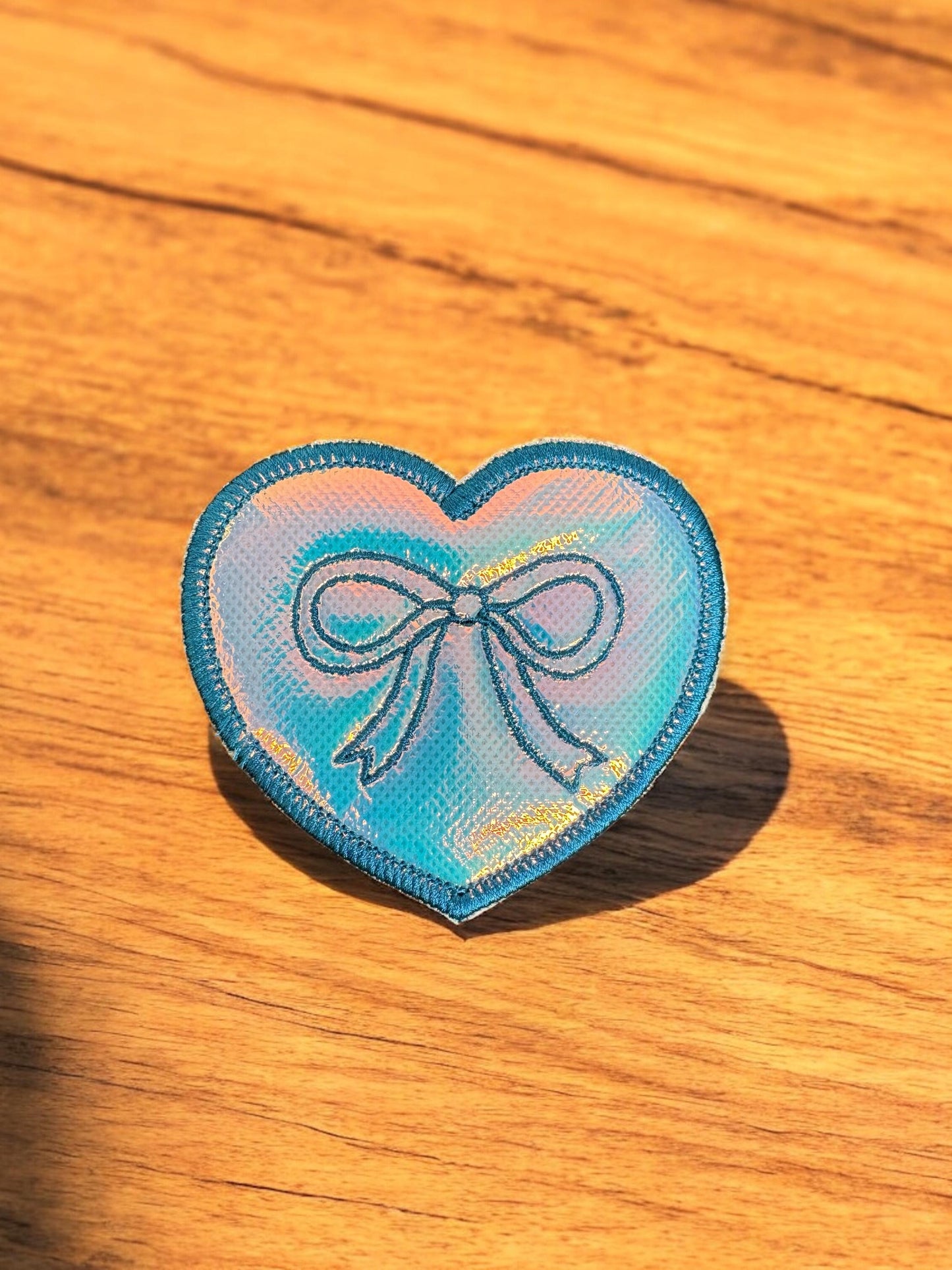 Holographic Embroidered Heart Patch with Bow - cute & shiny accent - iron or sew on - backpack, trucker hat, clothing - gifts for her