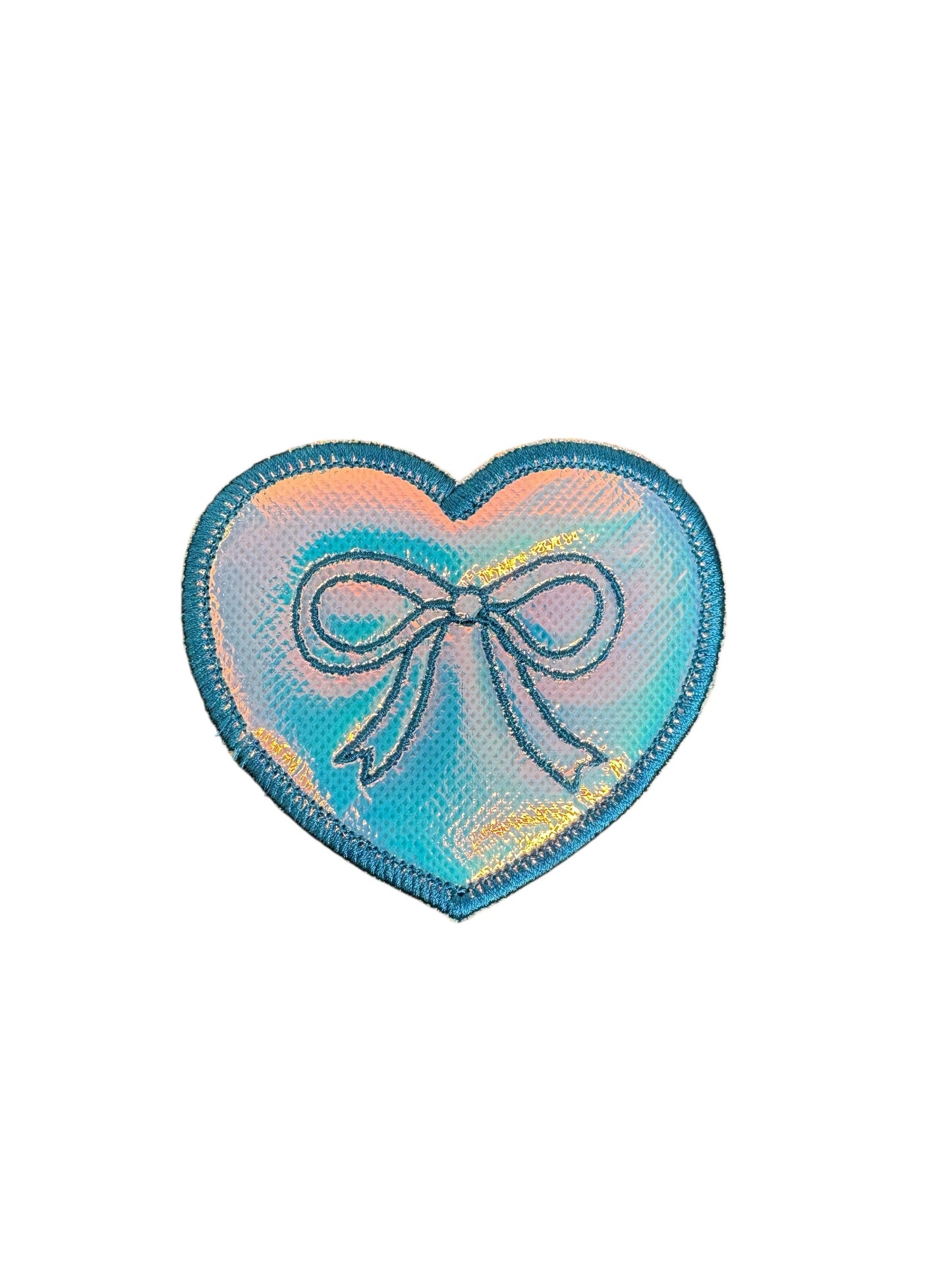 Holographic Embroidered Heart Patch with Bow - cute & shiny accent - iron or sew on - backpack, trucker hat, clothing - gifts for her