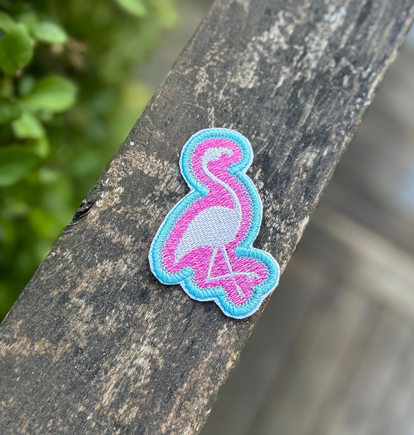 Embroidered Patch Flamingo with Pink and Blue background - iron or sew on - backpack, trucker hat, clothing - gifts for her