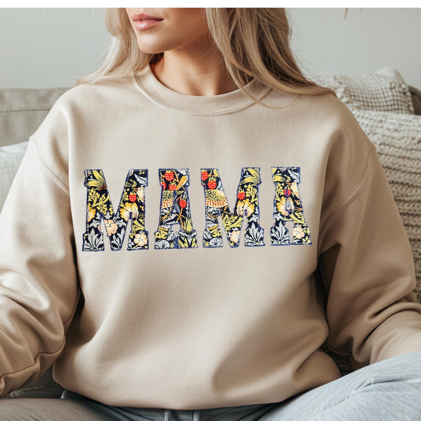 William Morris Strawberry Thief Navy MAMA Applique Crewneck - Embroidered Satin Stitch - Designer Fabric England - Gildan & Comfort Colors
