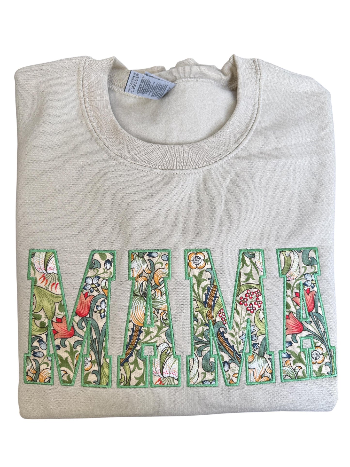 William Morris Golden Lily MAMA Applique Crewneck - Embroidered Satin Stitch - Designer Fabric England - Gildan & Comfort Colors