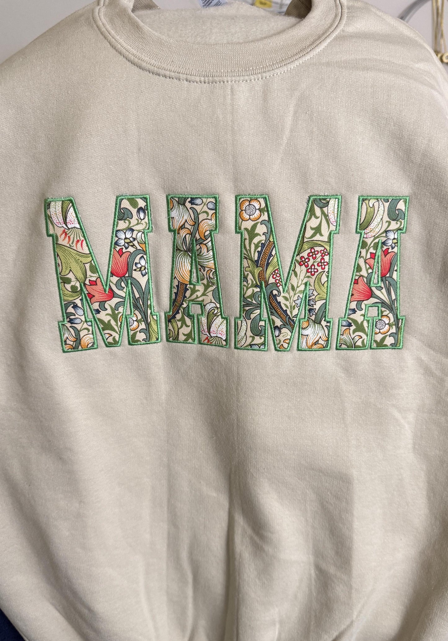 William Morris Golden Lily MAMA Applique Crewneck - Embroidered Satin Stitch - Designer Fabric England - Gildan & Comfort Colors