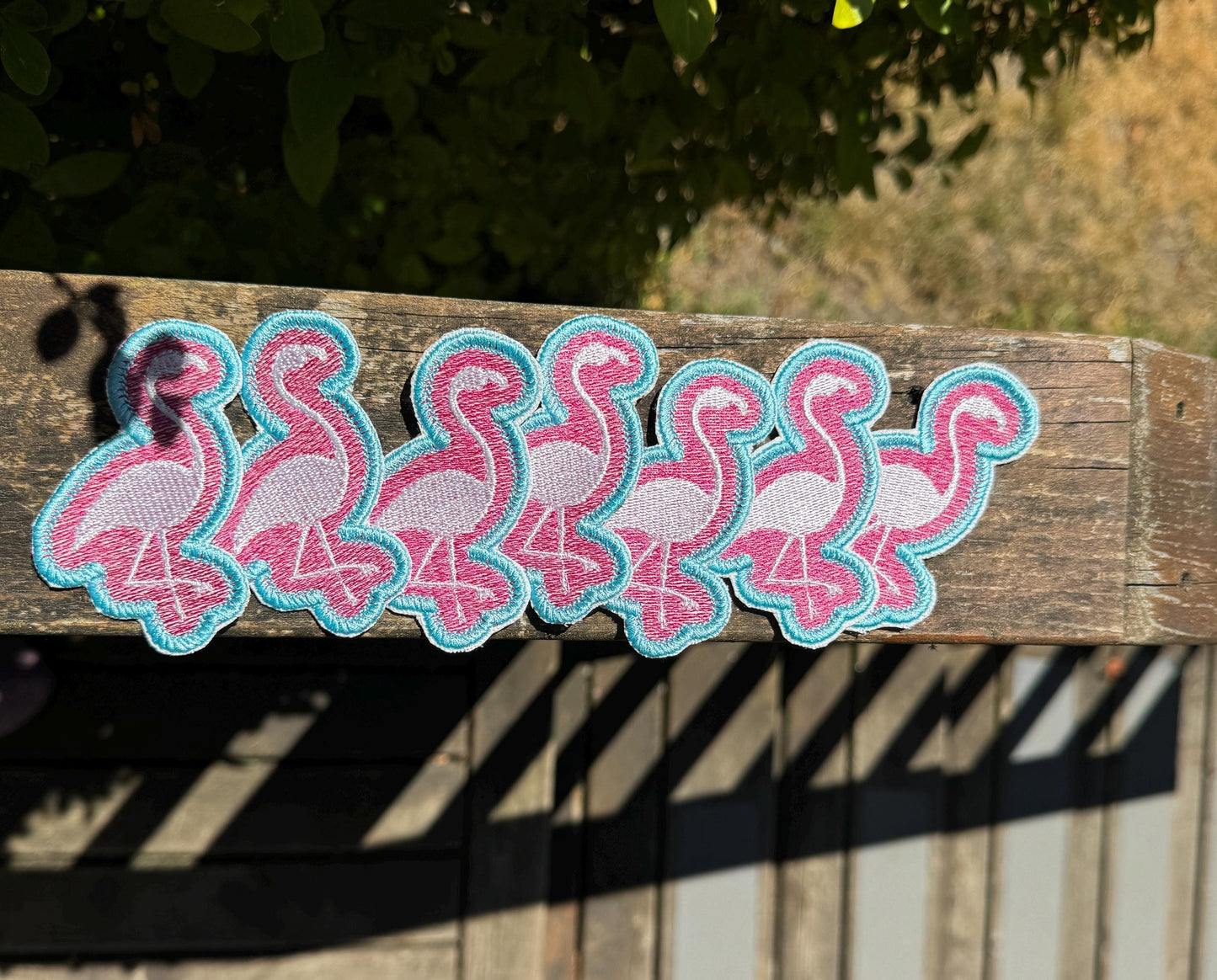 Embroidered Patch Flamingo with Pink and Blue background - iron or sew on - backpack, trucker hat, clothing - gifts for her