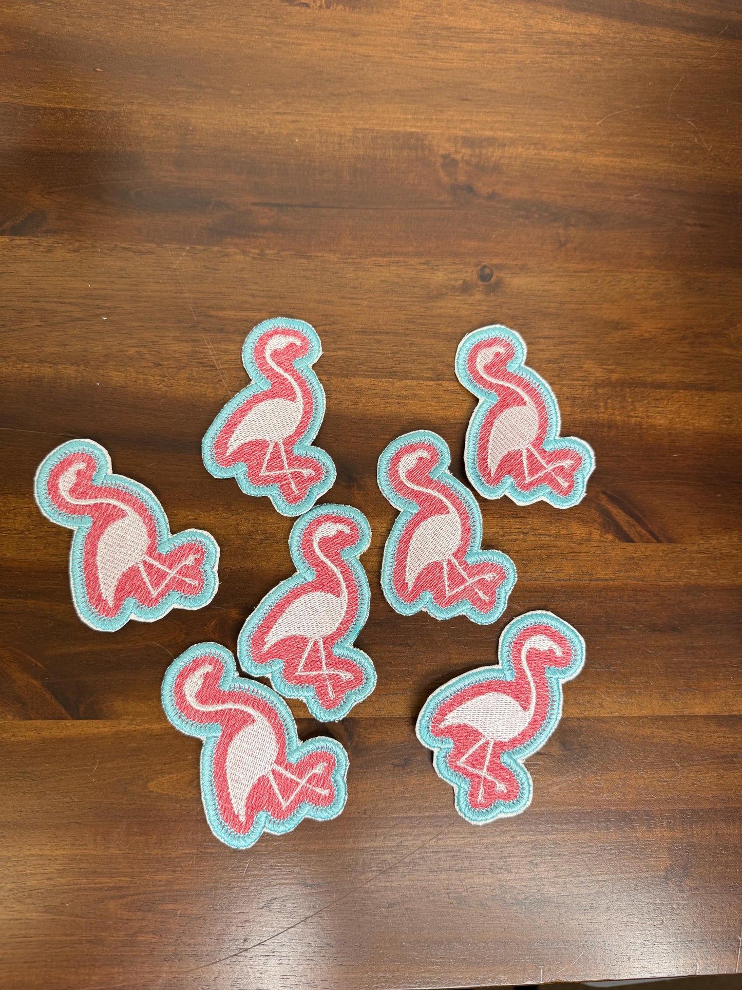 Embroidered Patch Flamingo with Pink and Blue background - iron or sew on - backpack, trucker hat, clothing - gifts for her