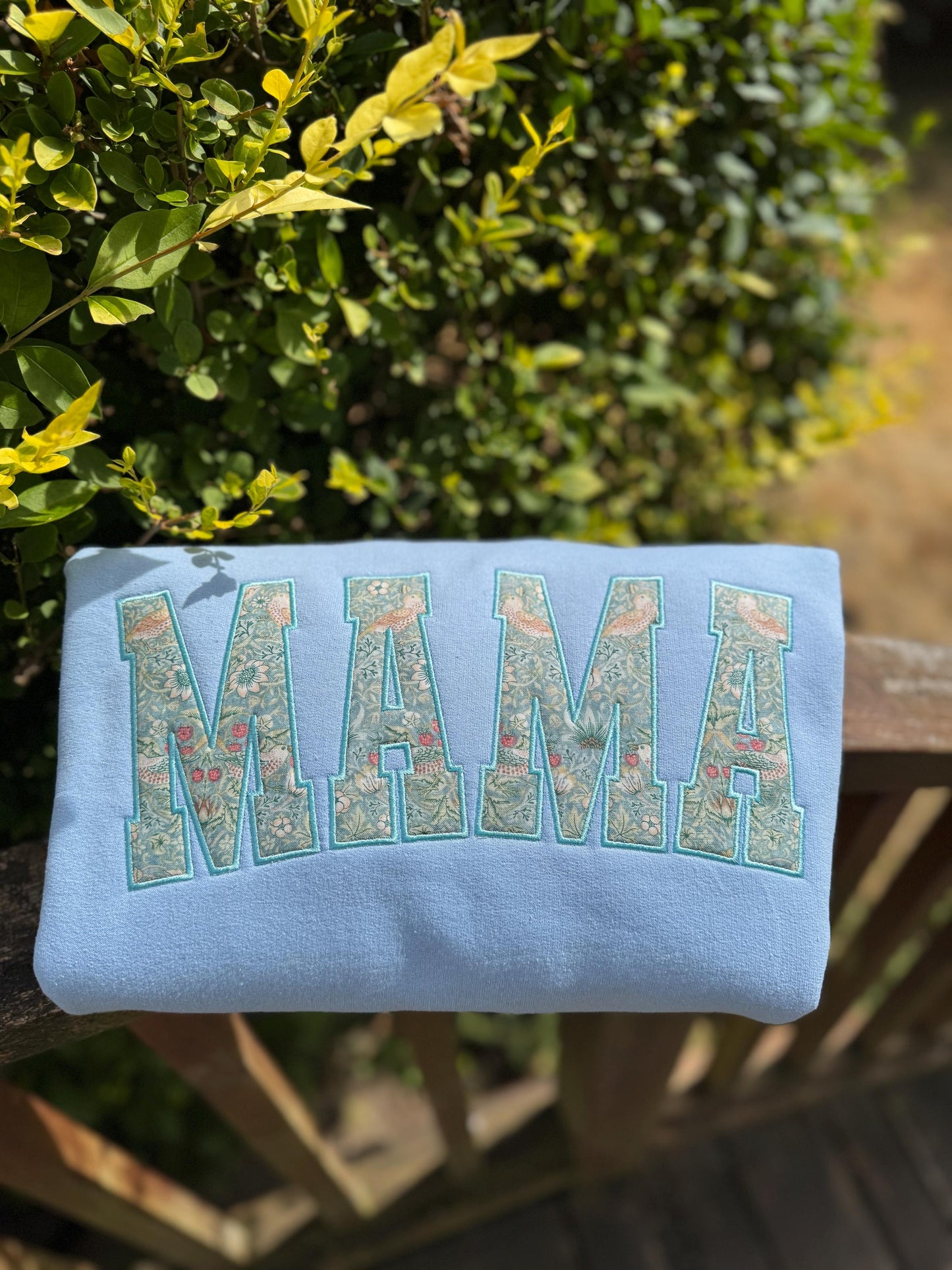 William Morris Mini Strawberry Thief Aqua curved MAMA Applique Crewneck - Embroidered Satin Stitch - Designer Fabric - Gildan/Comfort Colors