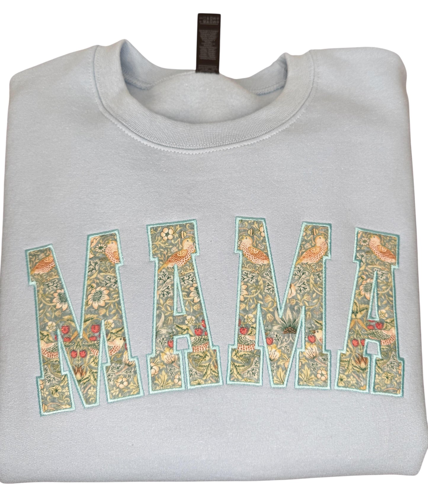 William Morris Mini Strawberry Thief Aqua curved MAMA Applique Crewneck - Embroidered Satin Stitch - Designer Fabric - Gildan/Comfort Colors