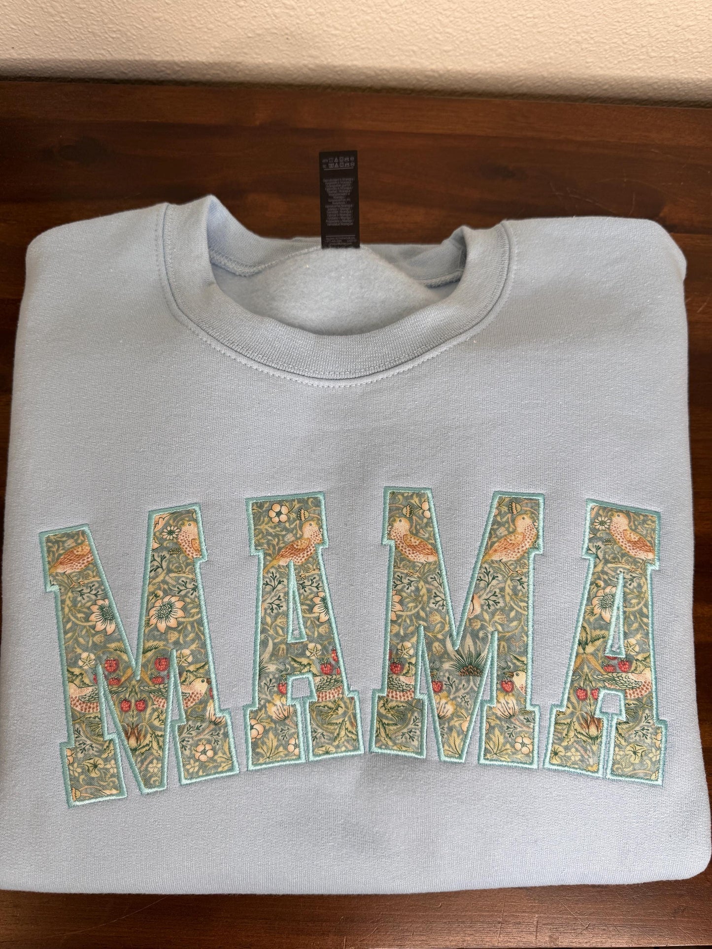 William Morris Mini Strawberry Thief Aqua curved MAMA Applique Crewneck - Embroidered Satin Stitch - Designer Fabric - Gildan/Comfort Colors