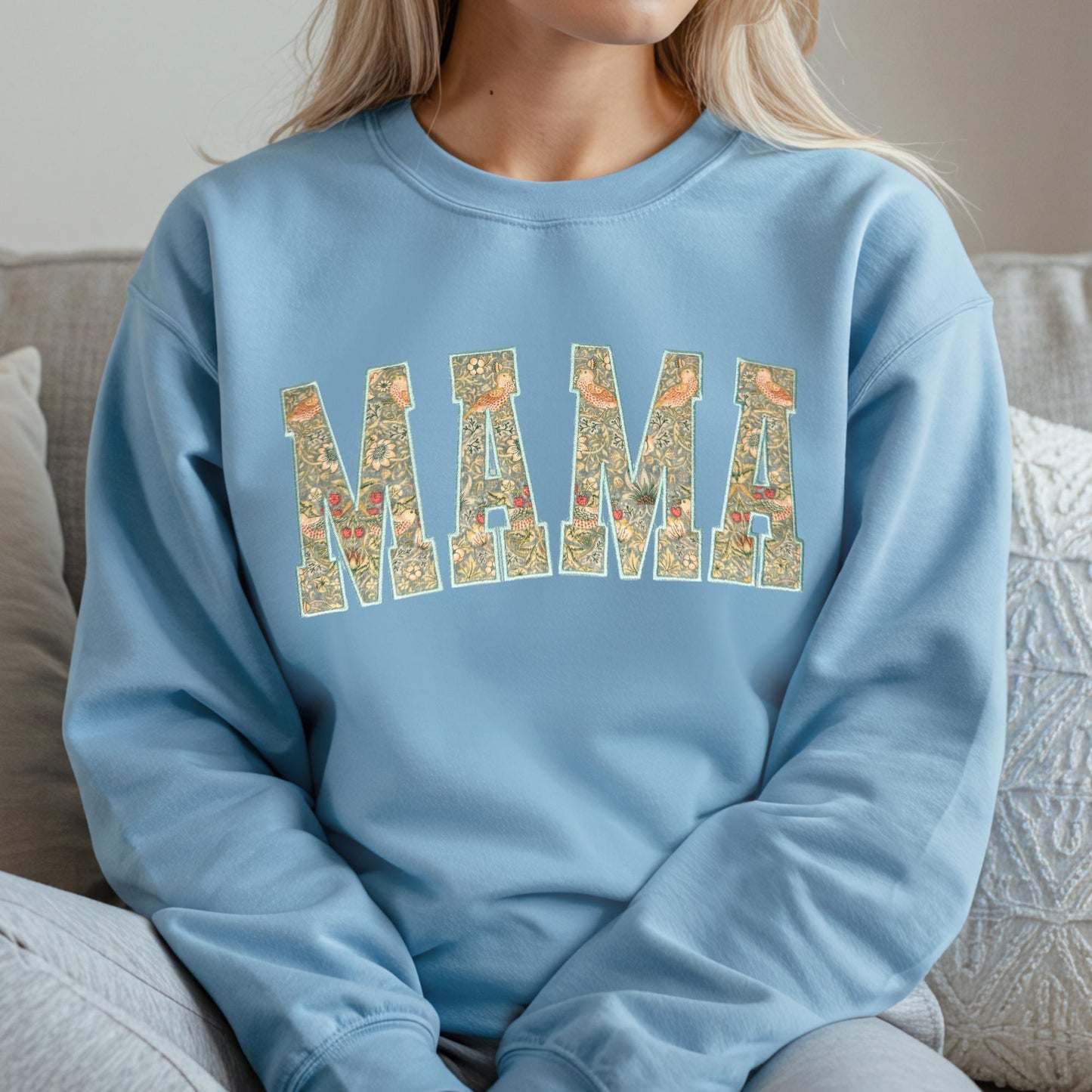 William Morris Mini Strawberry Thief Aqua curved MAMA Applique Crewneck - Embroidered Satin Stitch - Designer Fabric - Gildan/Comfort Colors