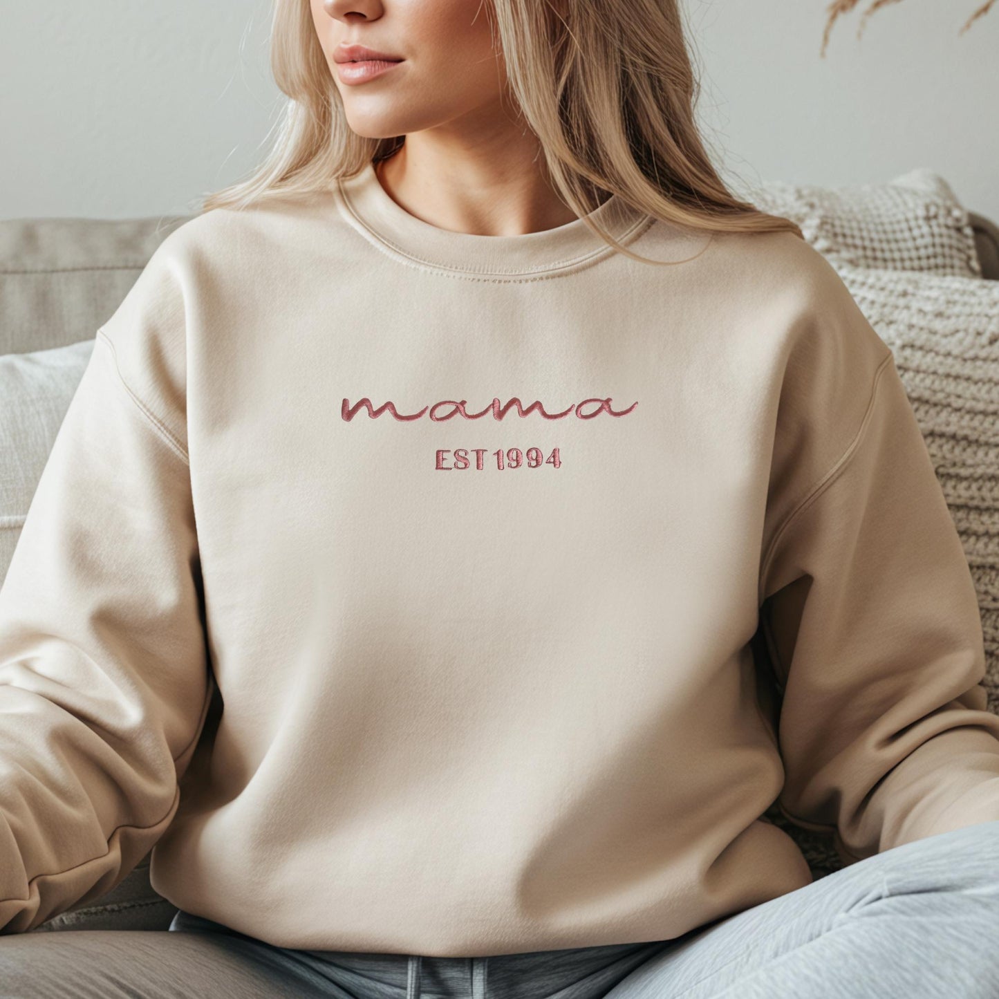 Embroidered MAMA crewneck in script and est date - sleeve embroidery available- Gifts for her - Gildan & Comfort Colors