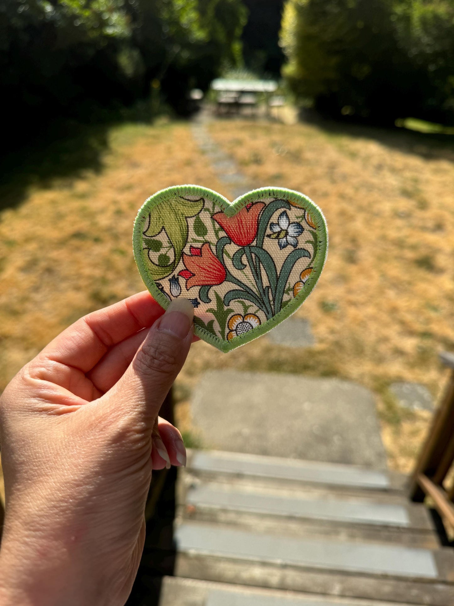 William Morris Fabric Heart Applique Patches - Strawberry Thief Navy, Willow Bough Green, Aqua, Golden Lily - iron on-gift for her