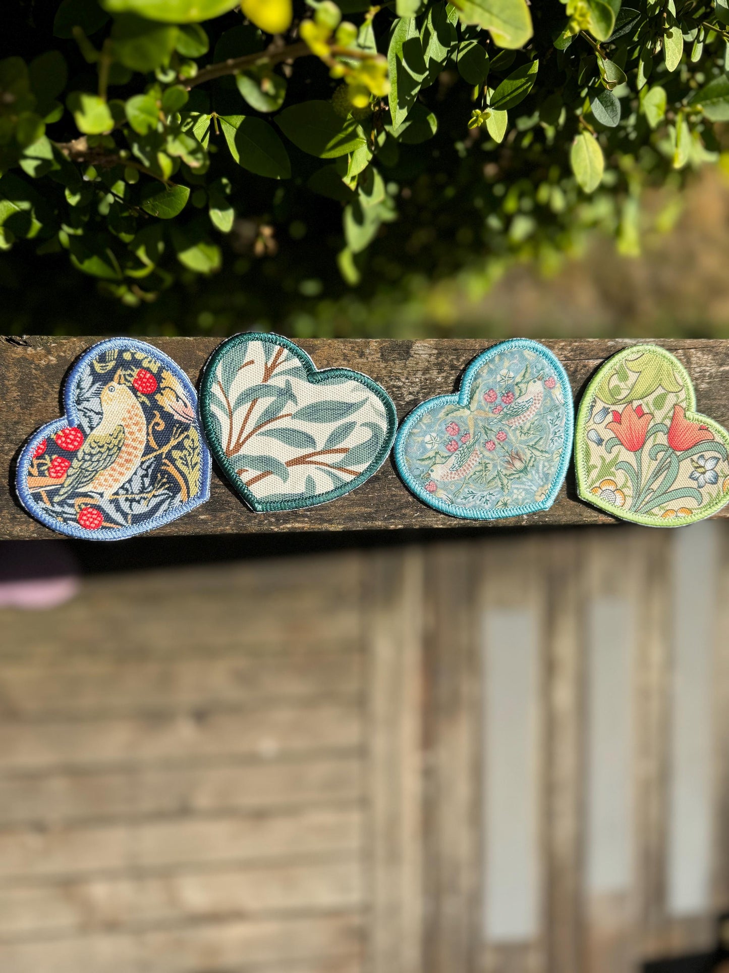 William Morris Fabric Heart Applique Patches - Strawberry Thief Navy, Willow Bough Green, Aqua, Golden Lily - iron on-gift for her