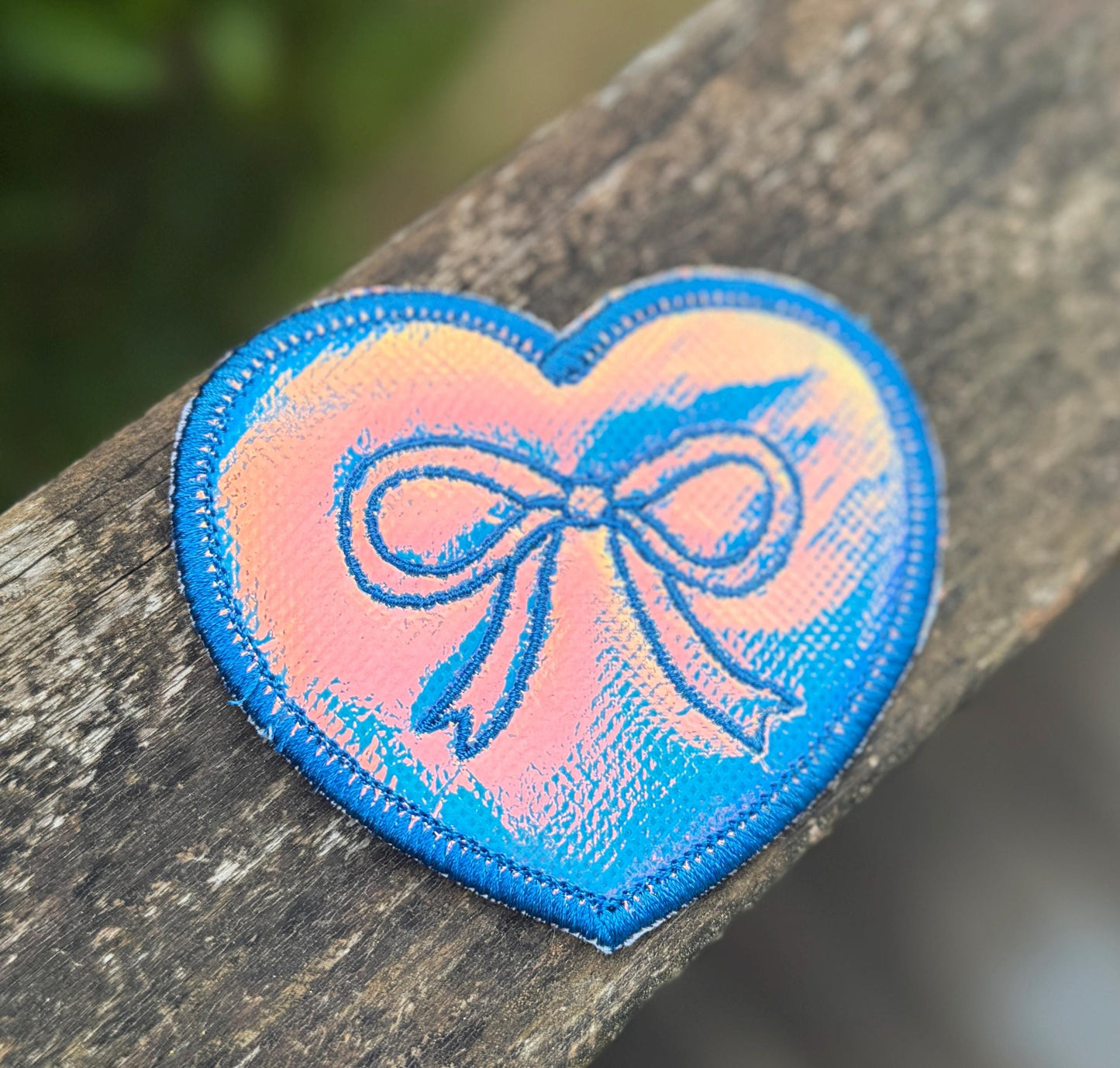 Holographic Embroidered Heart Patch with Bow - cute & shiny accent - iron or sew on - backpack, trucker hat, clothing - gifts for her