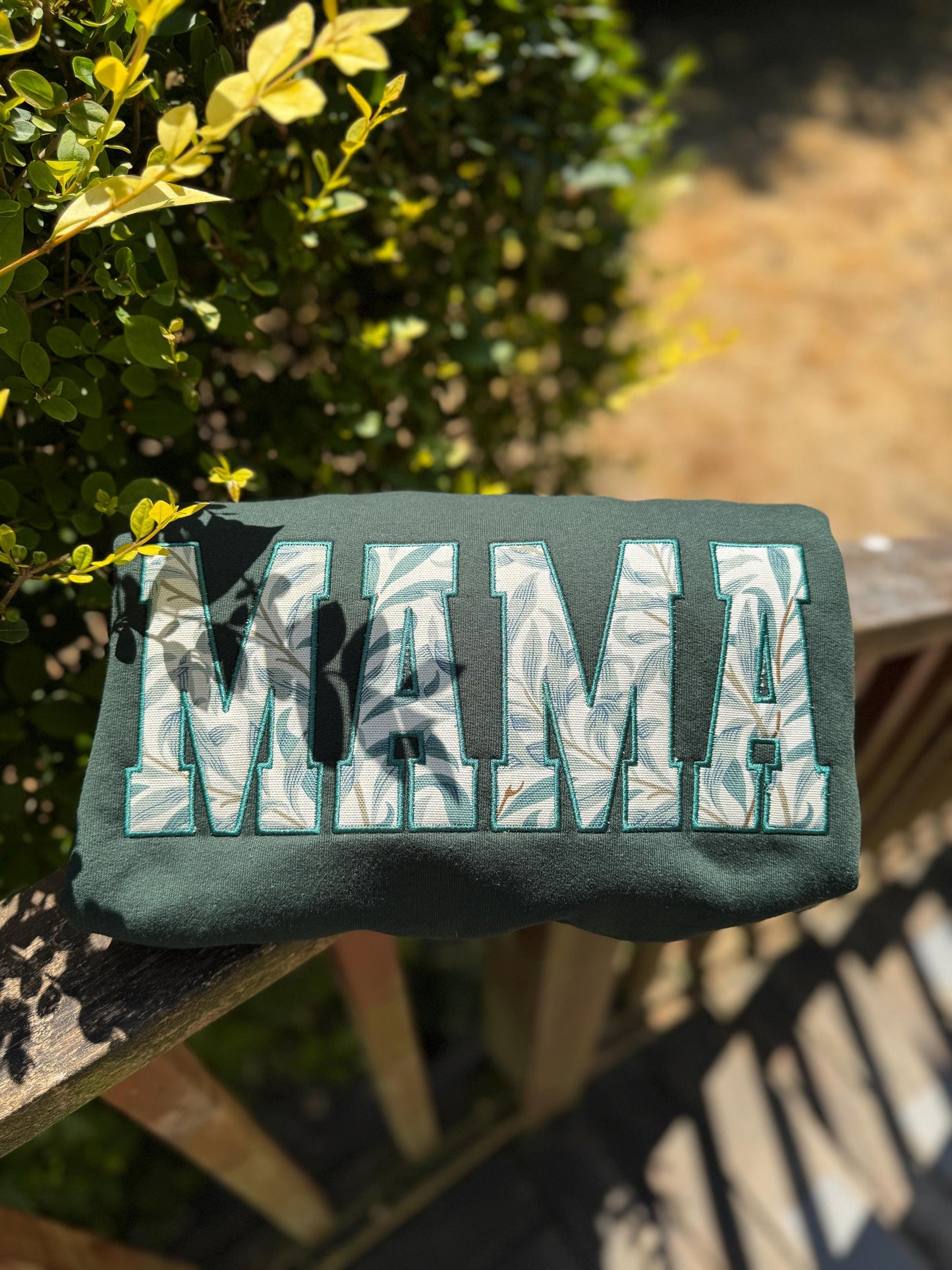 William Morris Willow Bough Green MAMA Applique Crewneck - Embroidered Satin Stitch - Designer Fabric England - Gildan & Comfort Colors