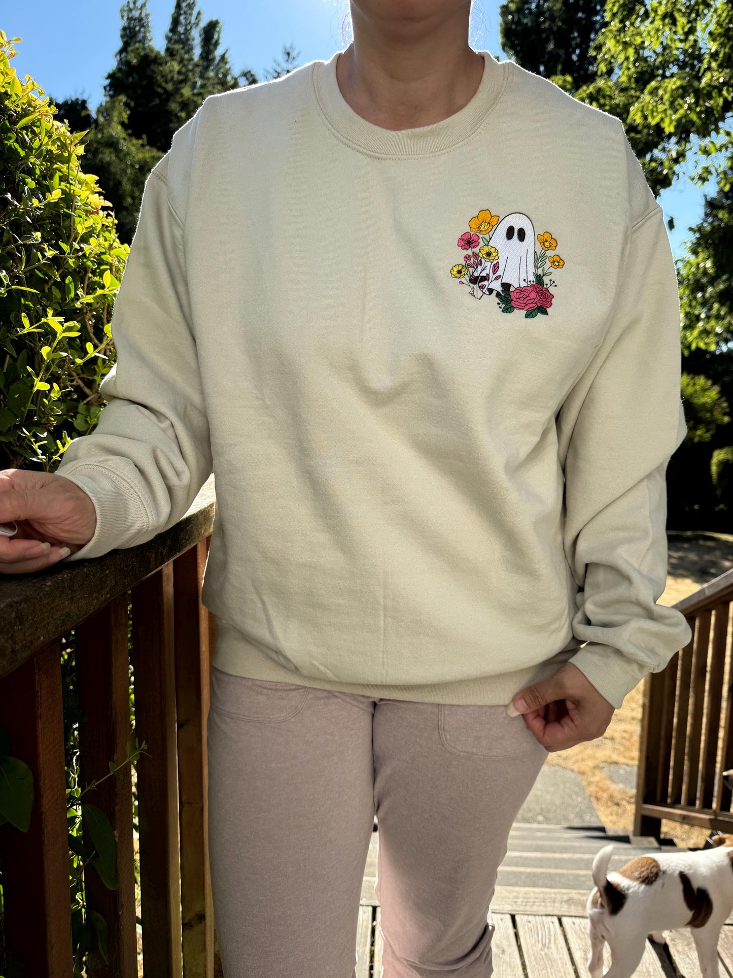 Embroidered Ghost in the Flower Garden Halloween Crewneck - Ghost Flowers Colorful Halloween - Spooky Season -Gildan/Comfort Colors
