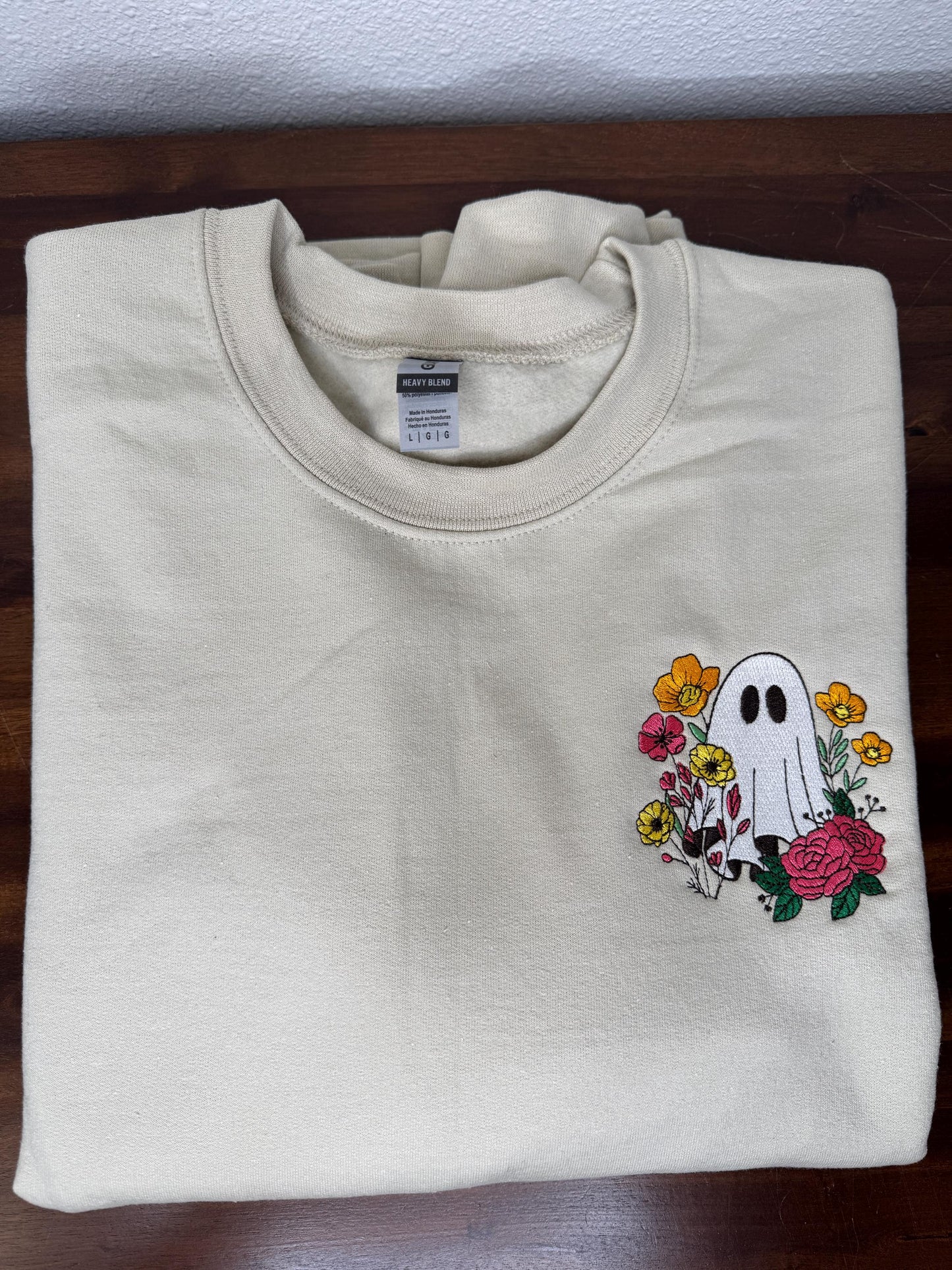 Embroidered Ghost in the Flower Garden Halloween Crewneck - Ghost Flowers Colorful Halloween - Spooky Season -Gildan/Comfort Colors
