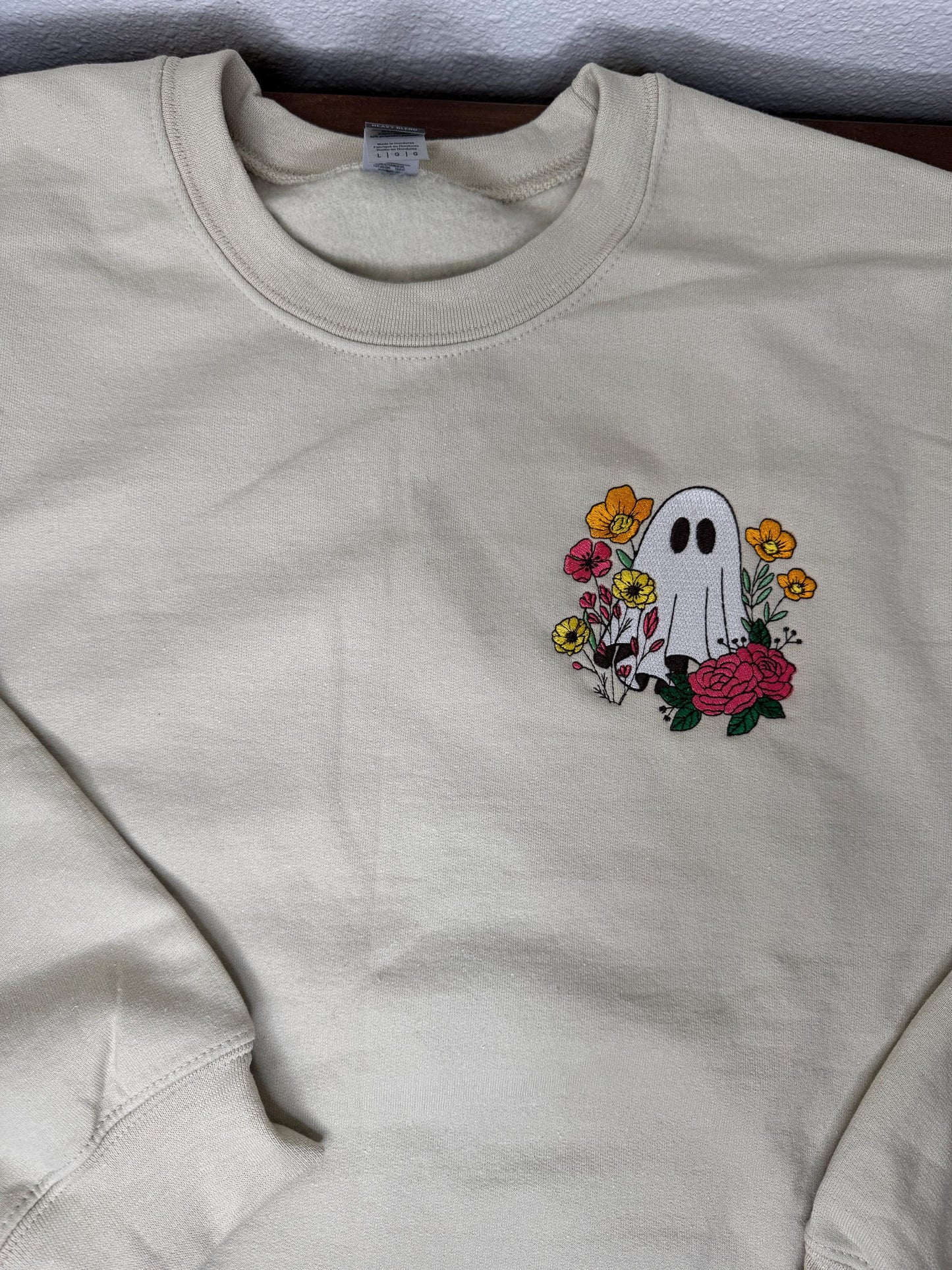Embroidered Ghost in the Flower Garden Halloween Crewneck - Ghost Flowers Colorful Halloween - Spooky Season -Gildan/Comfort Colors
