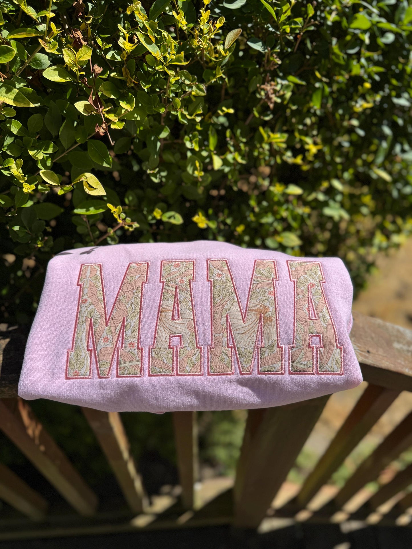 William Morris Pimpernel Blush MAMA Applique Crewneck - Embroidered Satin Stitch - Designer Fabric England - Gildan & Comfort Colors