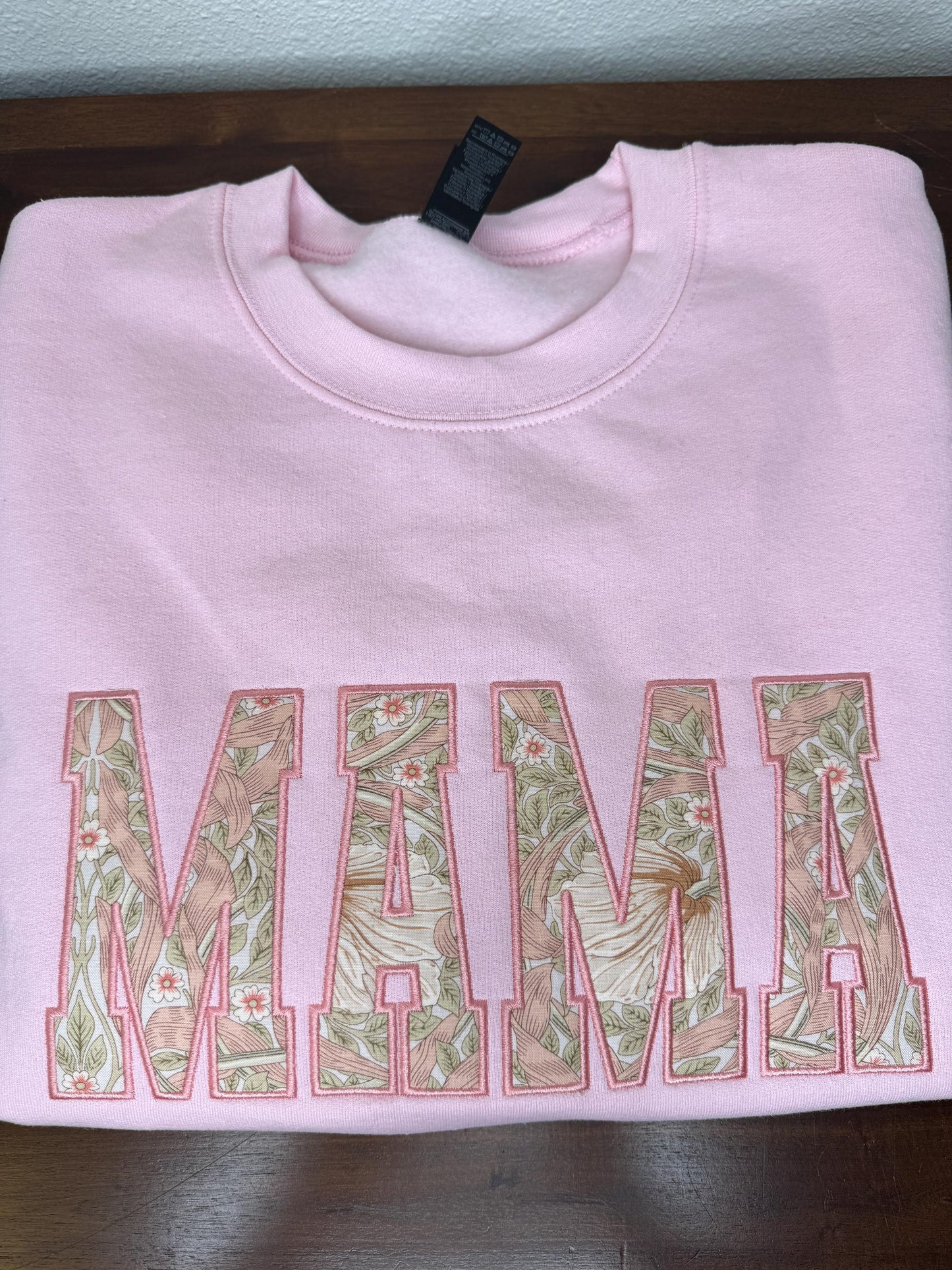 William Morris Pimpernel Blush MAMA Applique Crewneck - Embroidered Satin Stitch - Designer Fabric England - Gildan & Comfort Colors