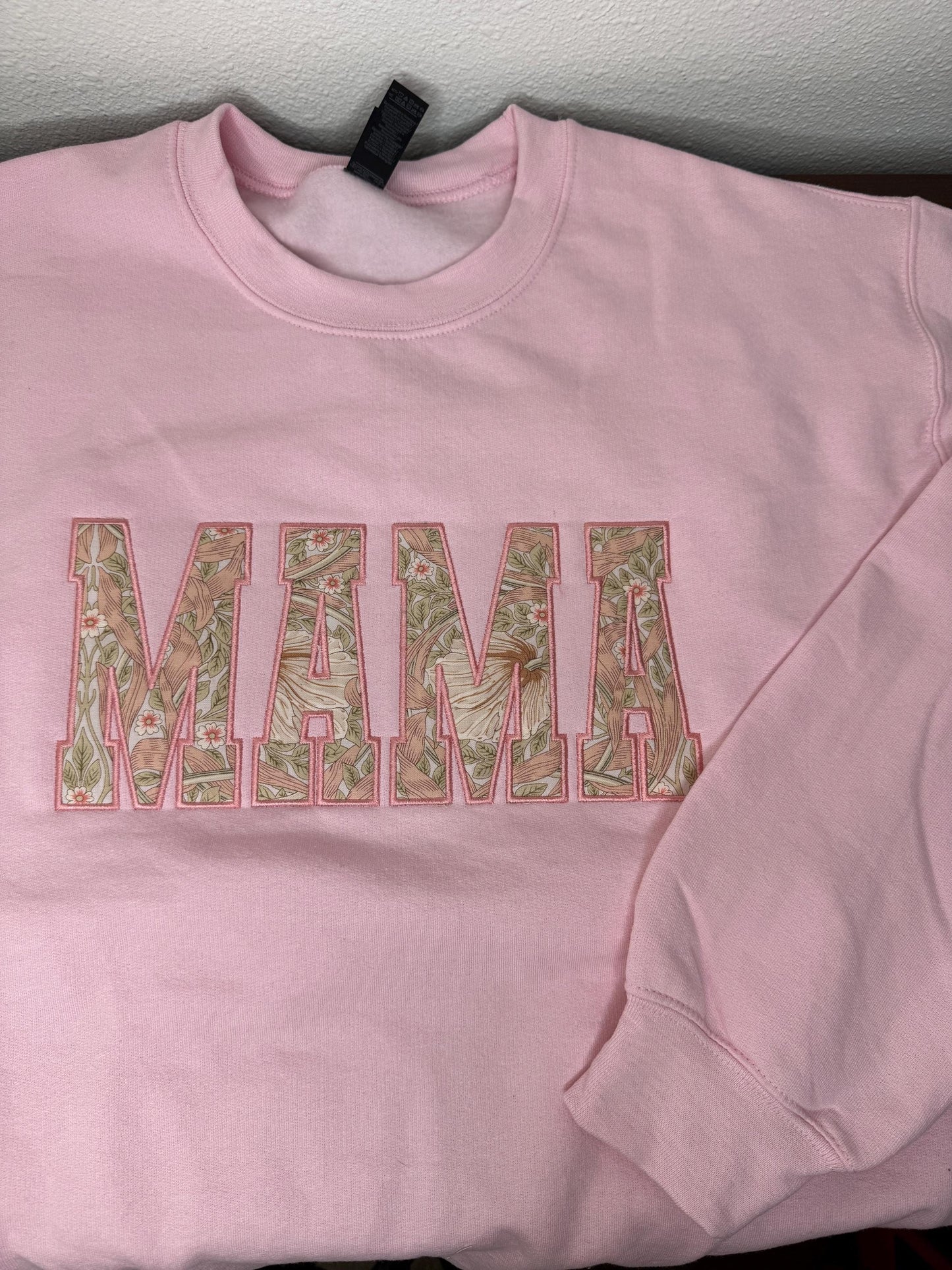William Morris Pimpernel Blush MAMA Applique Crewneck - Embroidered Satin Stitch - Designer Fabric England - Gildan & Comfort Colors