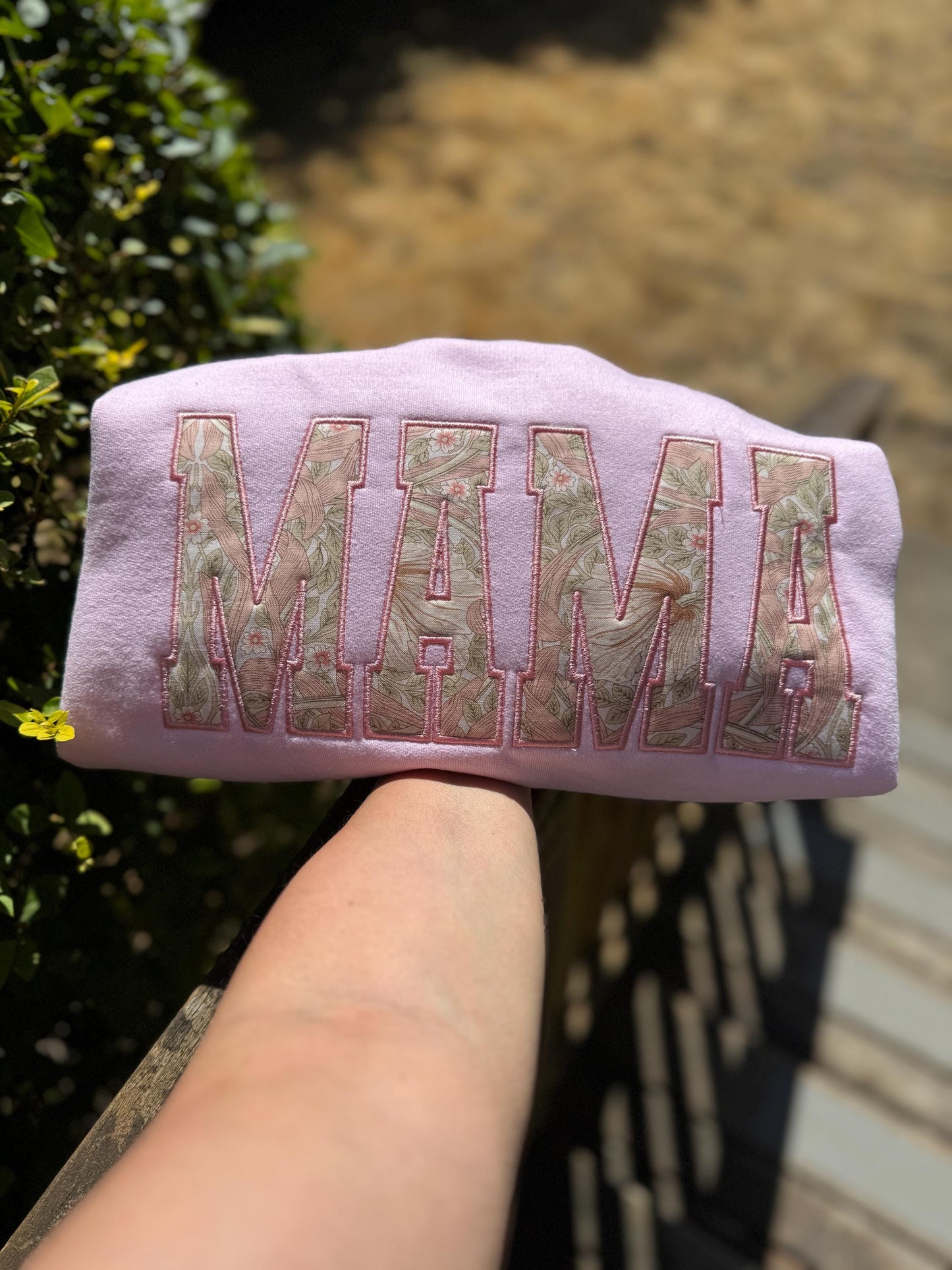 William Morris Pimpernel Blush MAMA Applique Crewneck - Embroidered Satin Stitch - Designer Fabric England - Gildan & Comfort Colors