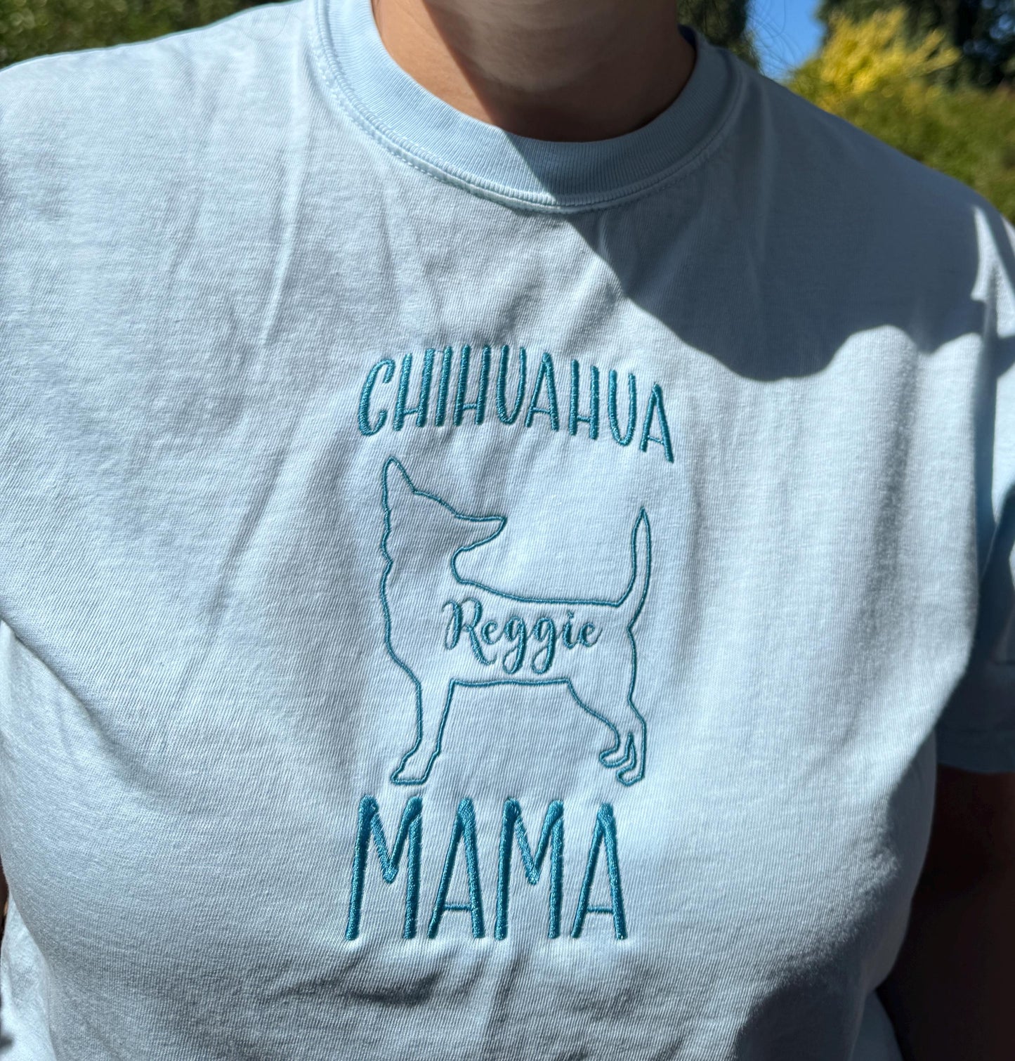 Embroidered Dog Mama T-shirt - Breed Silhouette & Custom Pet Name - Chihuahua, Frenchie, Dachshund, Jack Russell, Corgi - Gift for pet lover