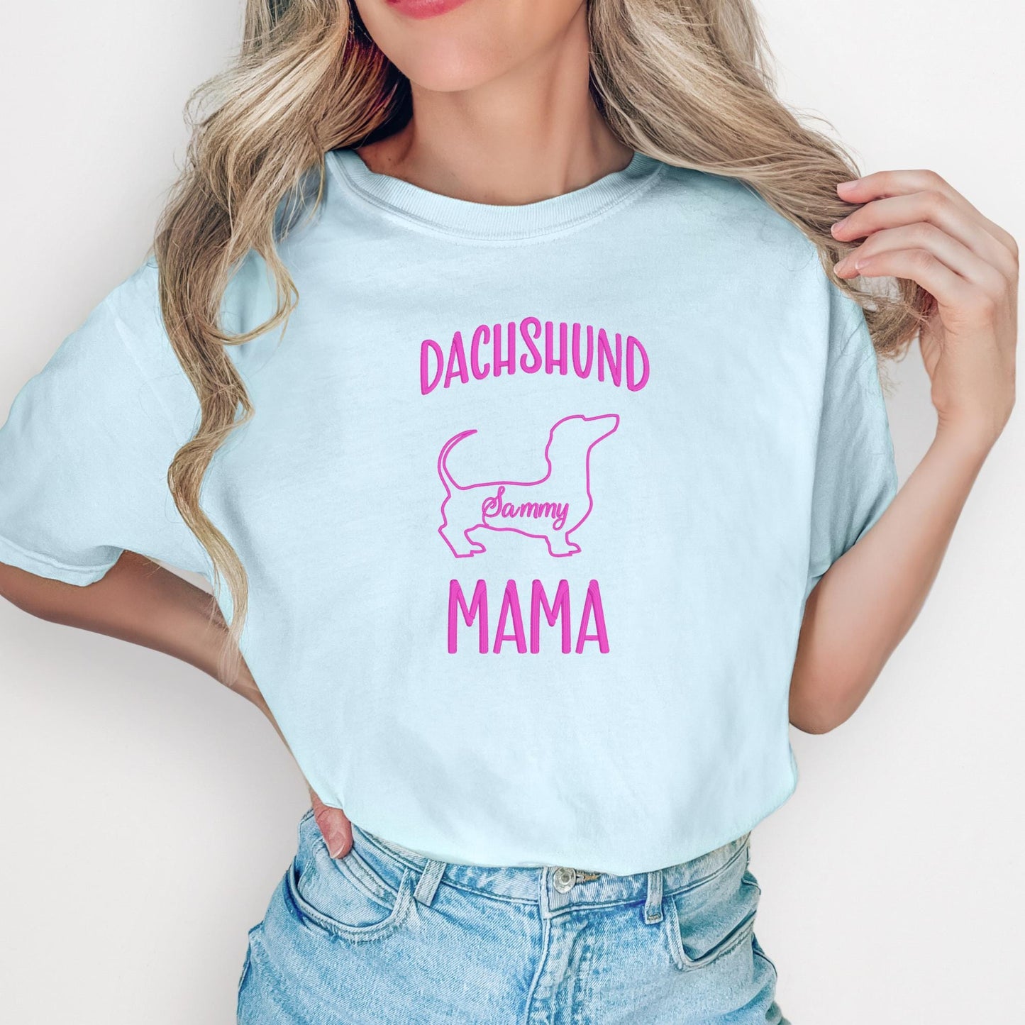 Embroidered Dog Mama T-shirt - Breed Silhouette & Custom Pet Name - Chihuahua, Frenchie, Dachshund, Jack Russell, Corgi - Gift for pet lover