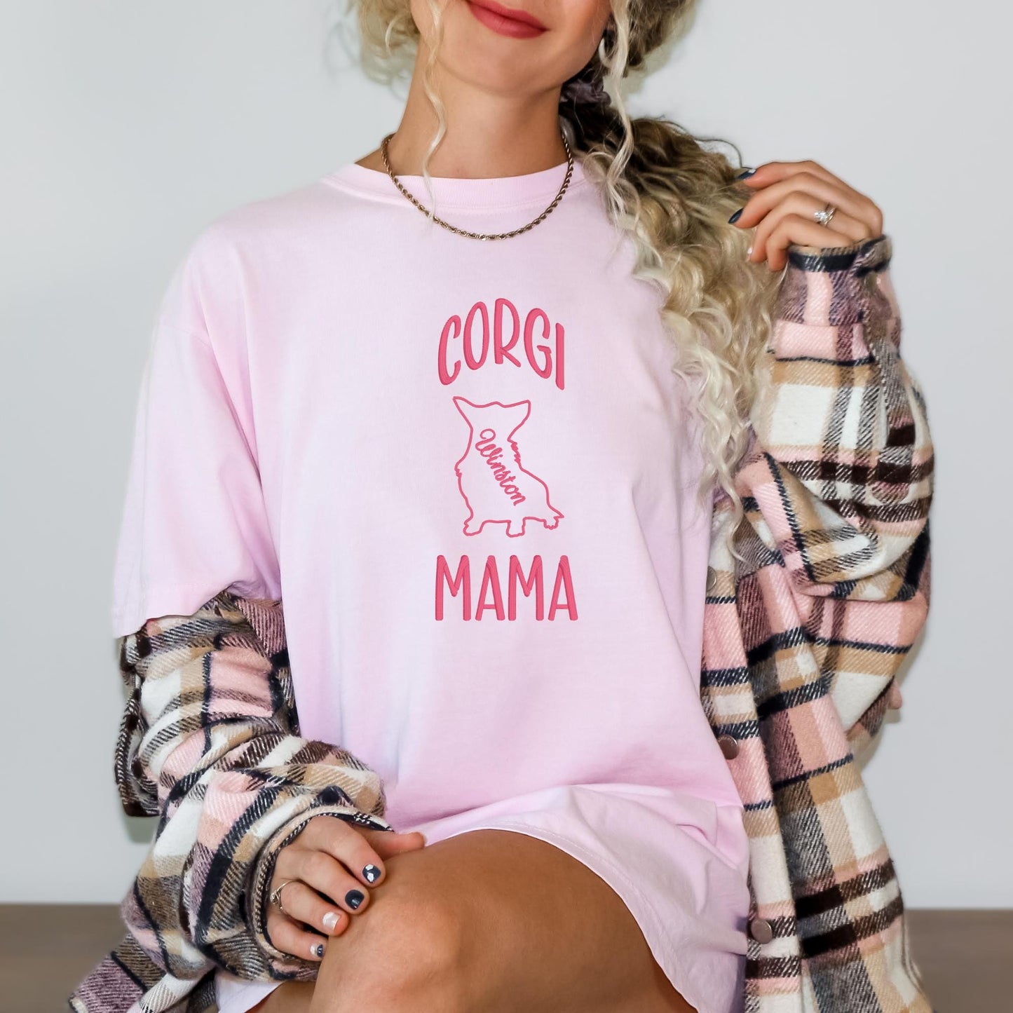 Embroidered Dog Mama T-shirt - Breed Silhouette & Custom Pet Name - Chihuahua, Frenchie, Dachshund, Jack Russell, Corgi - Gift for pet lover