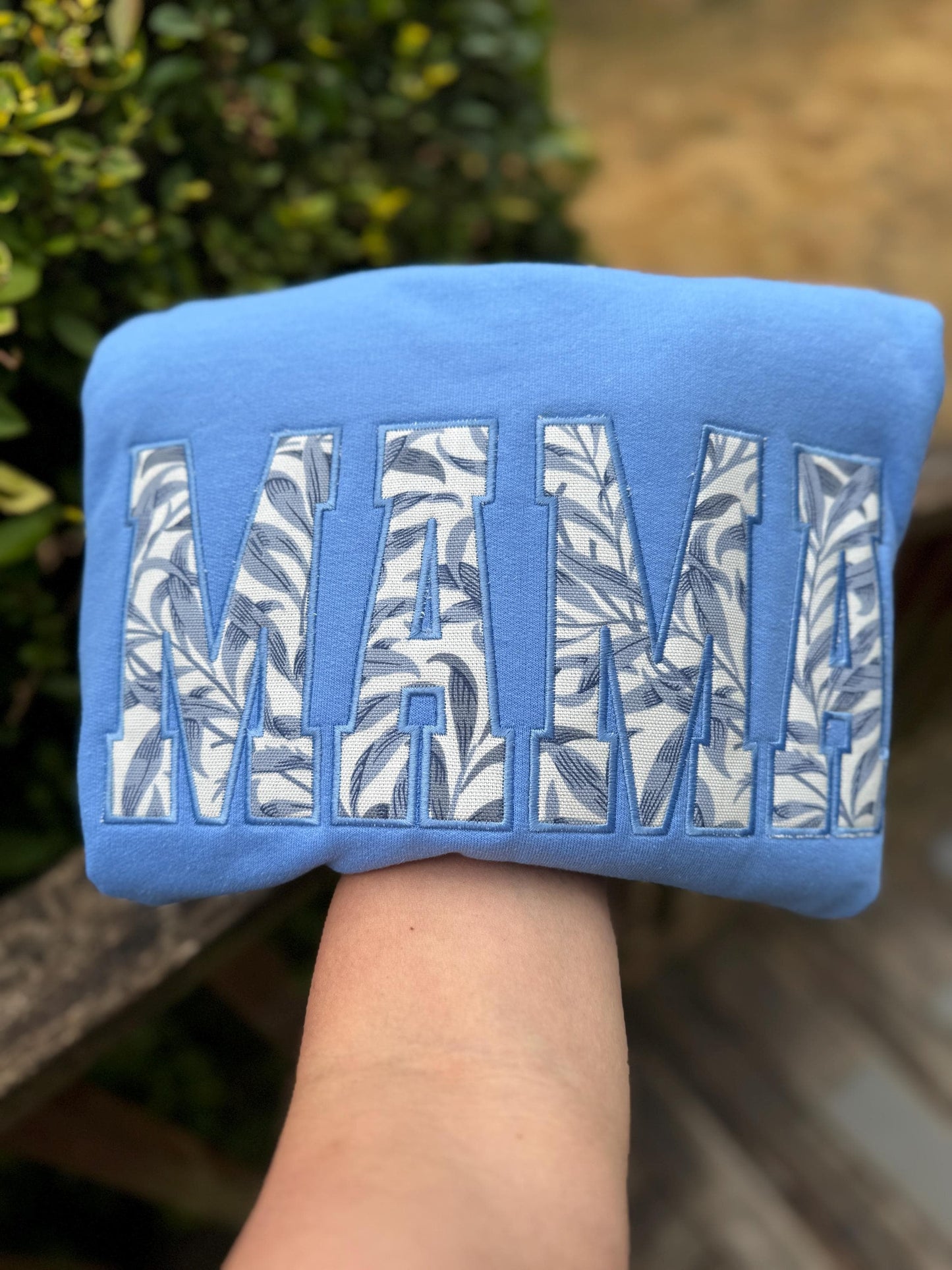 William Morris Willow Bough Blue MAMA Applique Crewneck - Embroidered Satin Stitch - Designer Fabric England - Gildan & Comfort Colors