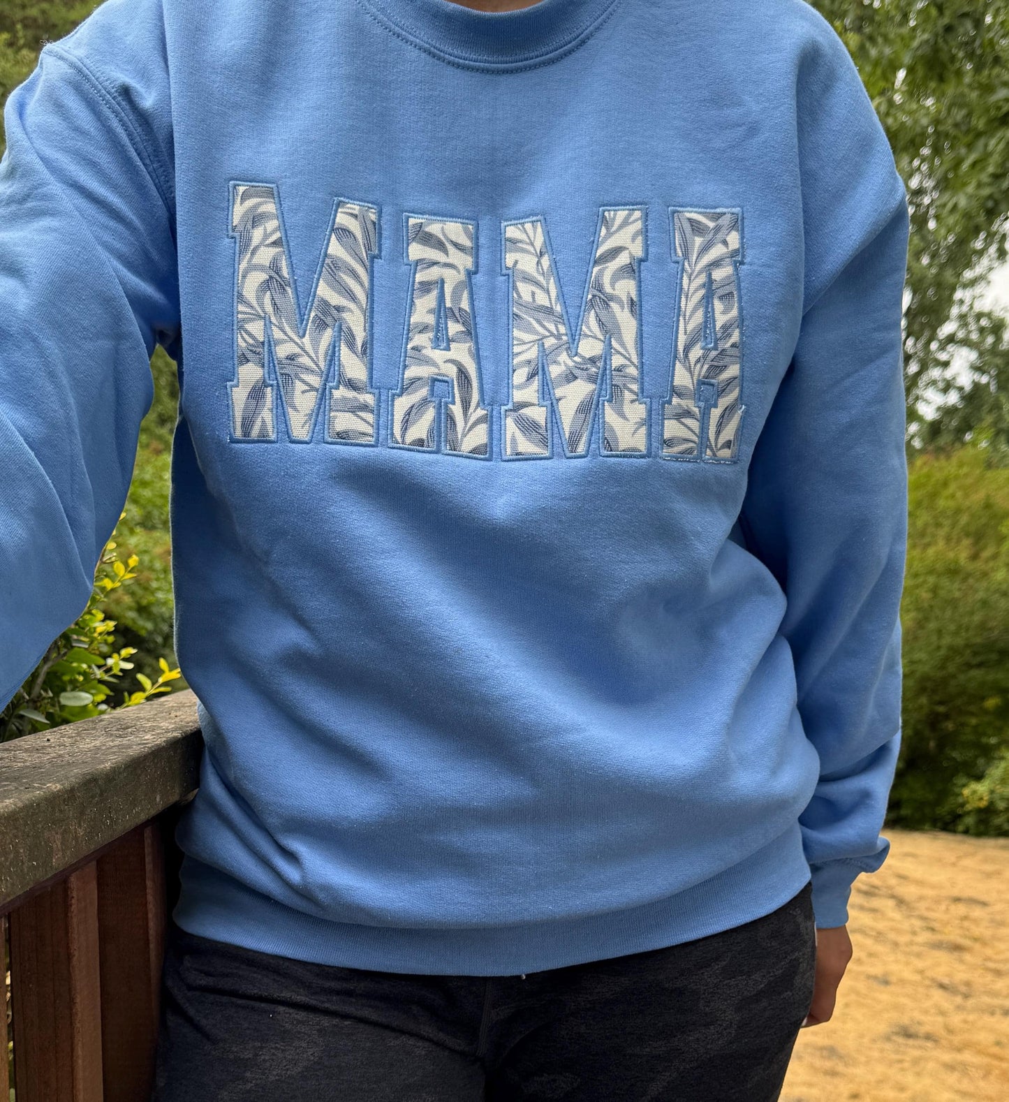 William Morris Willow Bough Blue MAMA Applique Crewneck - Embroidered Satin Stitch - Designer Fabric England - Gildan & Comfort Colors