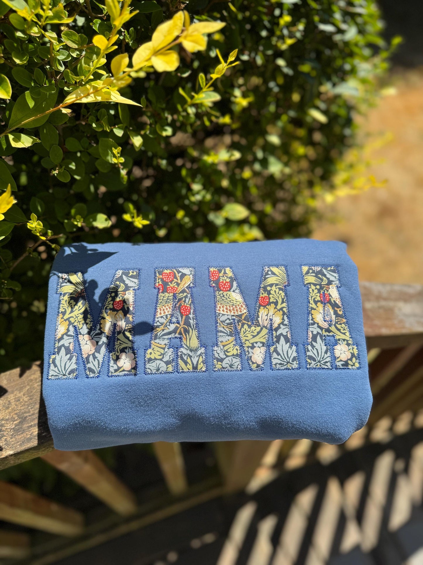 William Morris Strawberry Thief Navy MAMA Applique Crewneck - Embroidered Satin Stitch - Designer Fabric England - Gildan & Comfort Colors