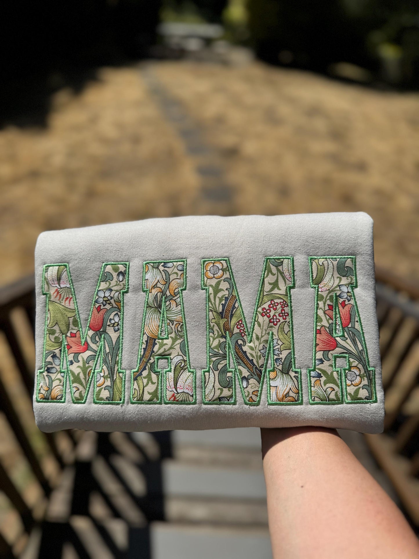 William Morris Golden Lily MAMA Applique Crewneck - Embroidered Satin Stitch - Designer Fabric England - Gildan & Comfort Colors