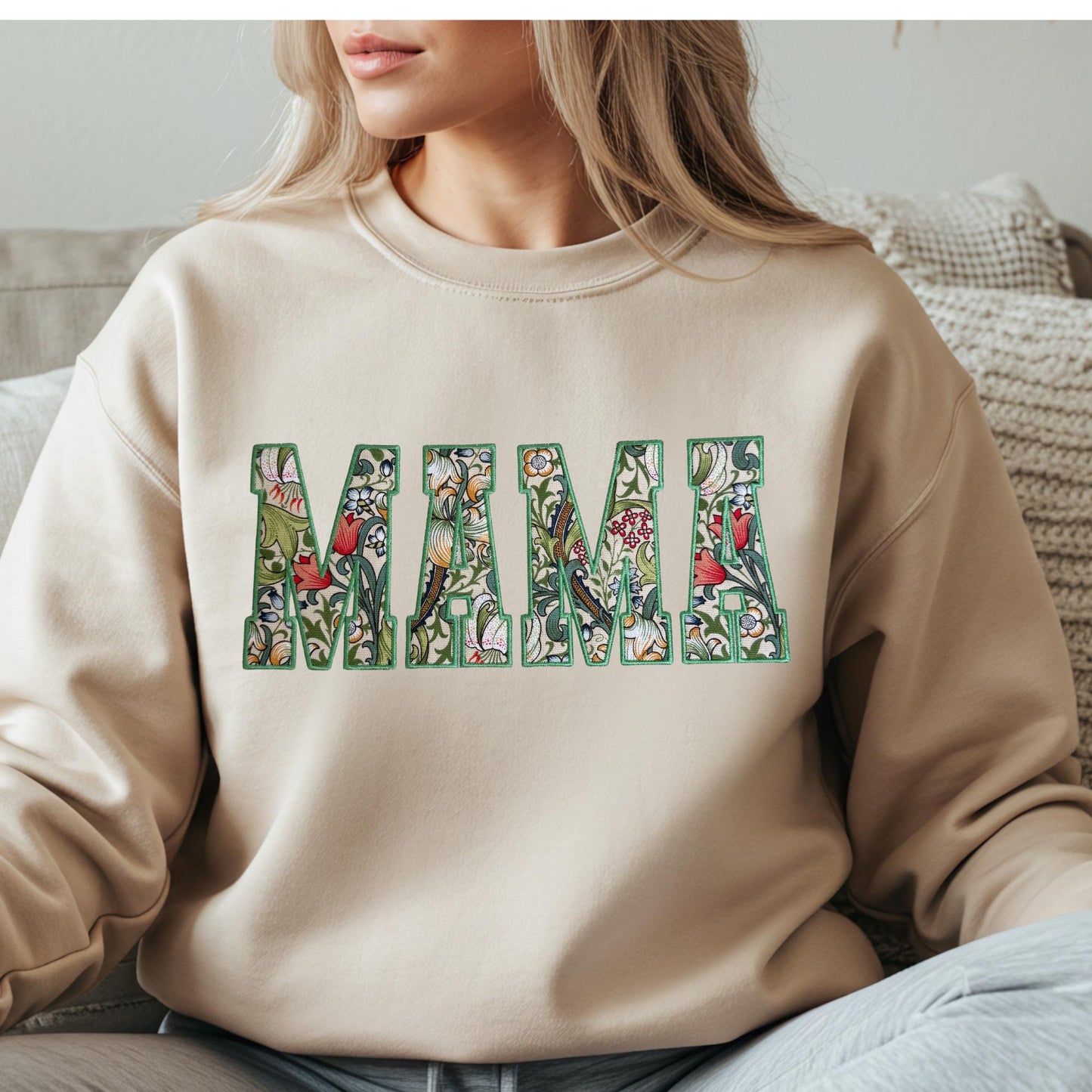 William Morris Golden Lily MAMA Applique Crewneck - Embroidered Satin Stitch - Designer Fabric England - Gildan & Comfort Colors