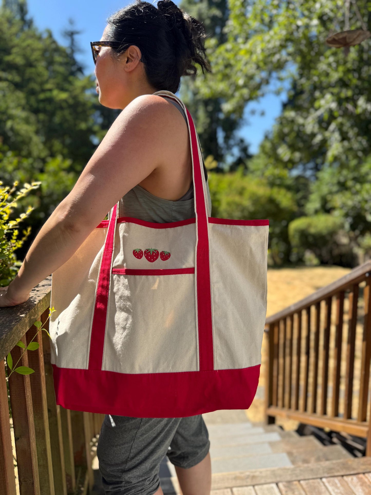 Red Large Embroidered Canvas Boat Tote Bag Three Strawberries Gift for her- Party Bag Beach Travel Bag - Strawberries