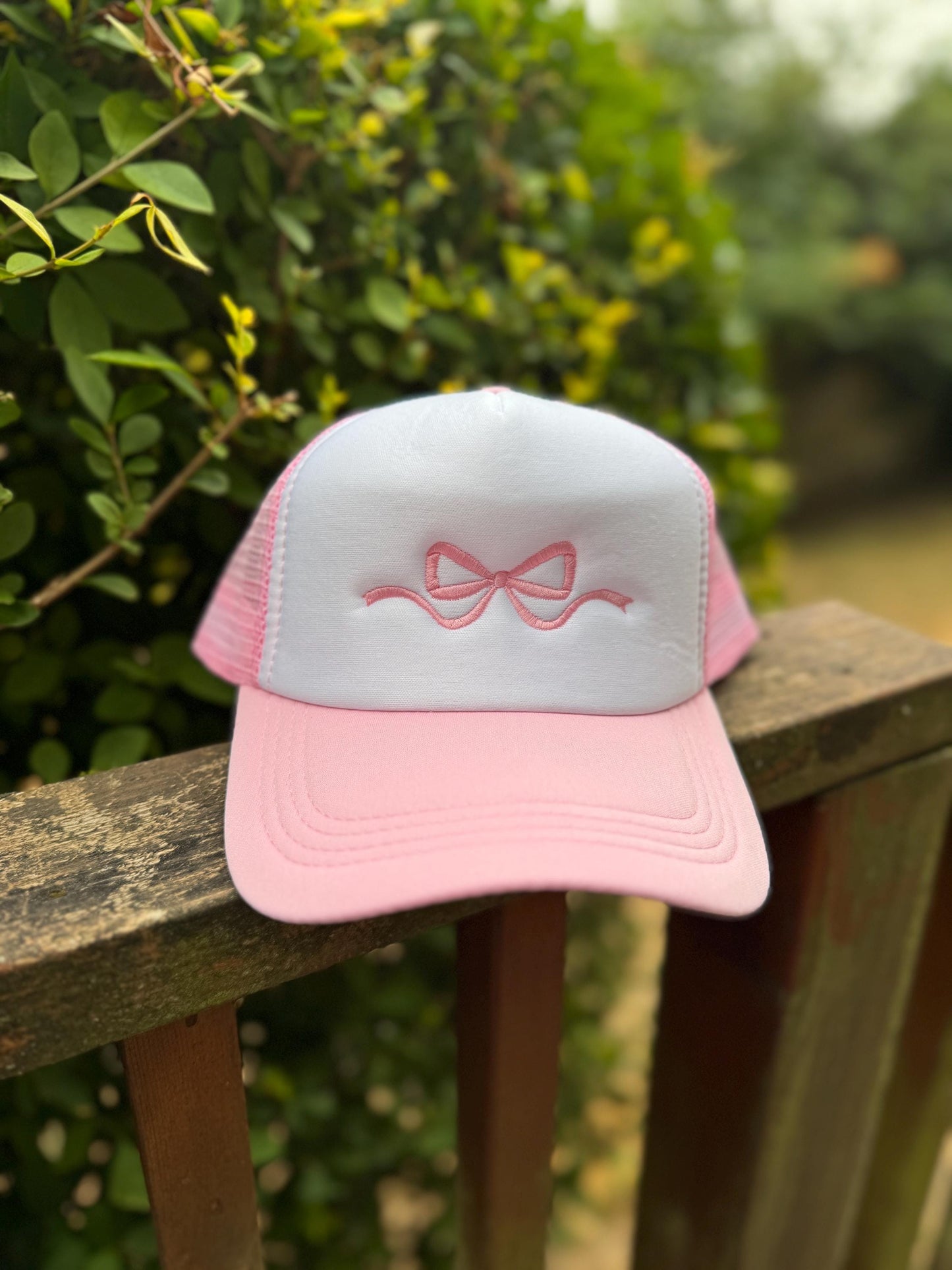 Embroidered Foam Trucker Hat - Light Pink & White with coquette bow in satin stitch- Trucker Hat, Foam mesh cap - gifts for her - bridesmaid
