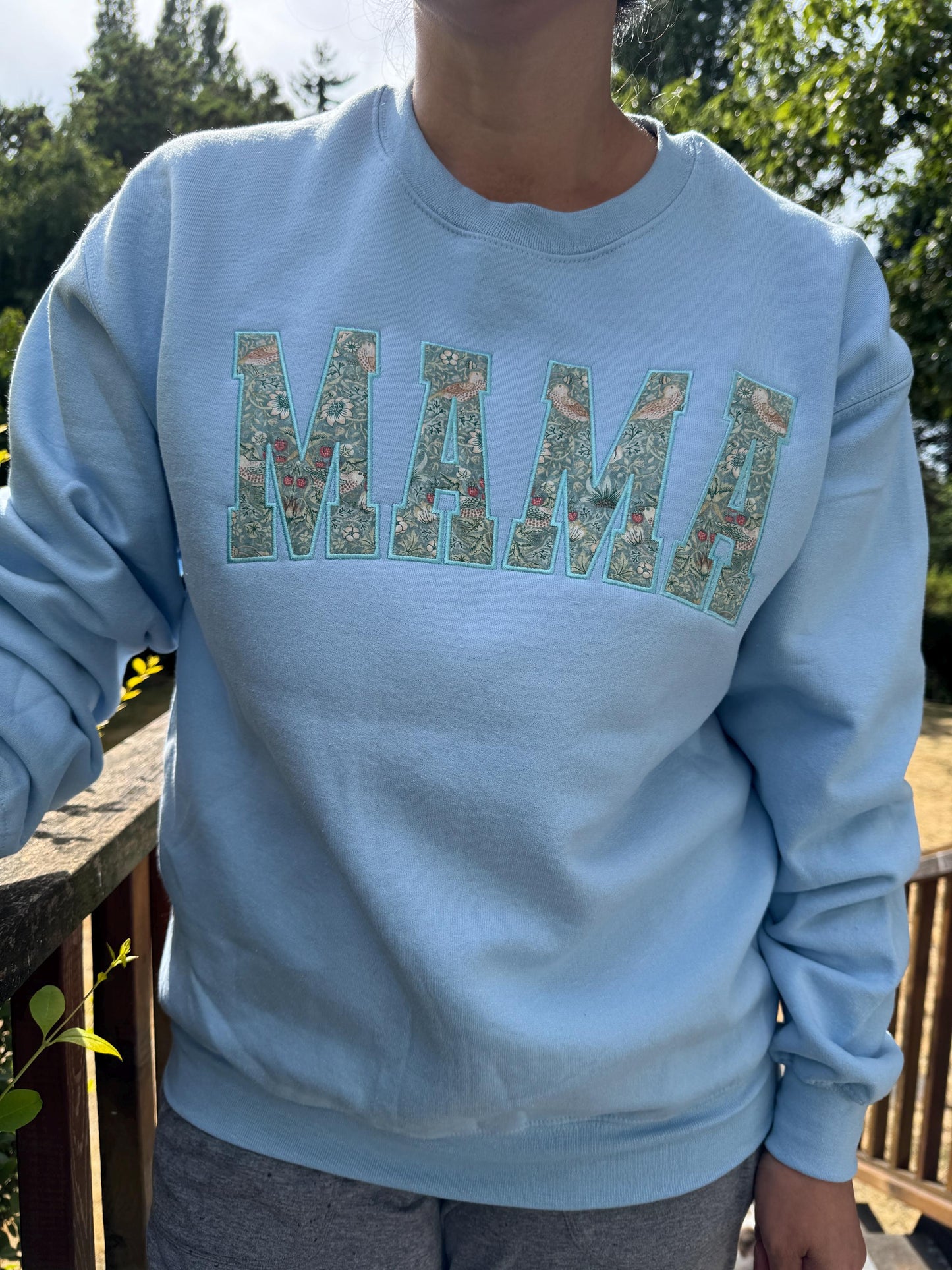 William Morris Mini Strawberry Thief Aqua curved MAMA Applique Crewneck - Embroidered Satin Stitch - Designer Fabric - Gildan/Comfort Colors