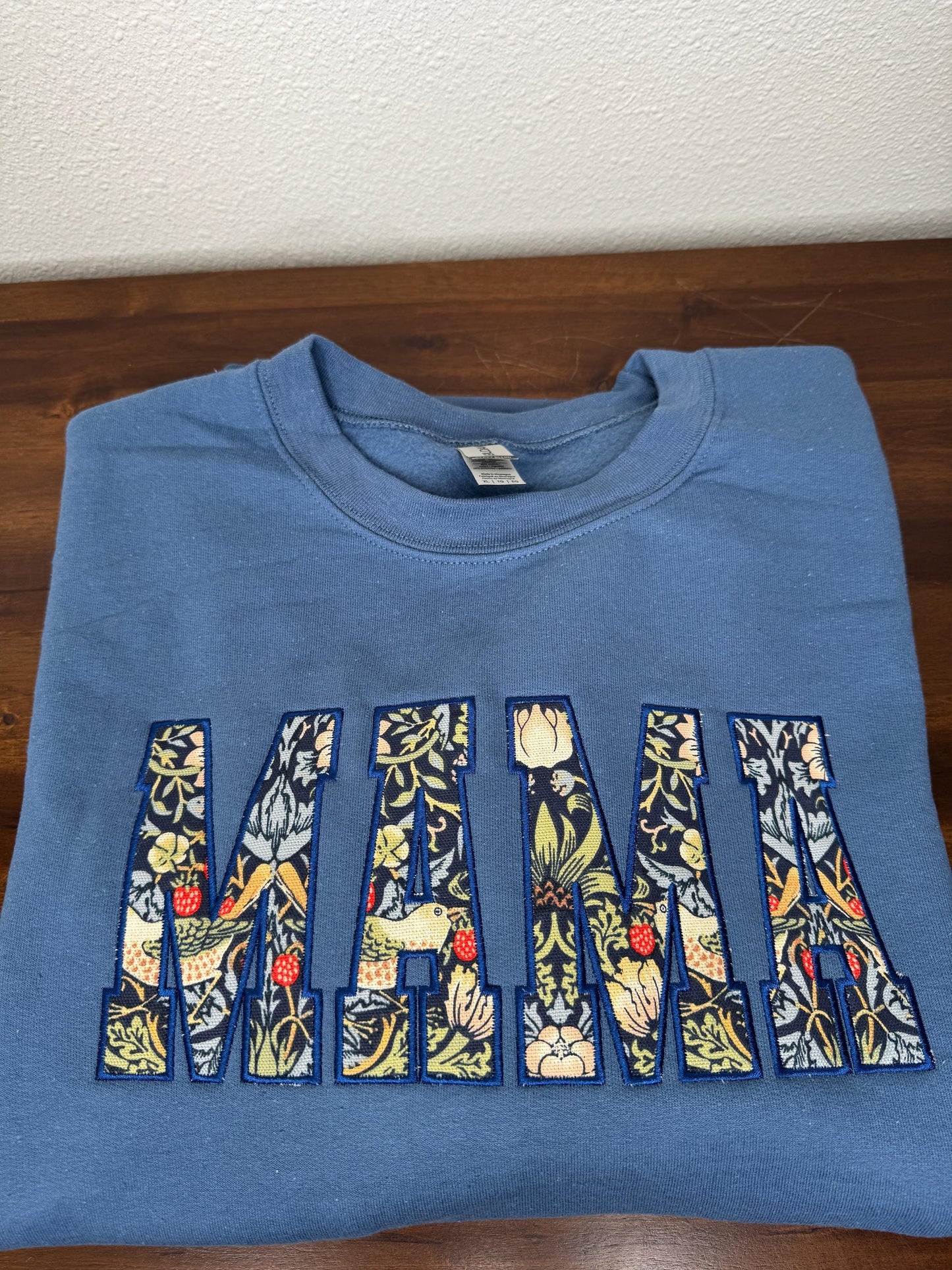 William Morris Strawberry Thief Navy MAMA Applique Crewneck - Embroidered Satin Stitch - Designer Fabric England - Gildan & Comfort Colors