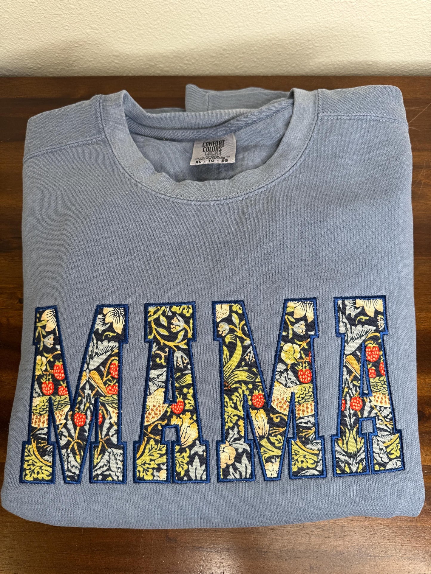 William Morris Strawberry Thief Navy MAMA Applique Crewneck - Embroidered Satin Stitch - Designer Fabric England - Gildan & Comfort Colors