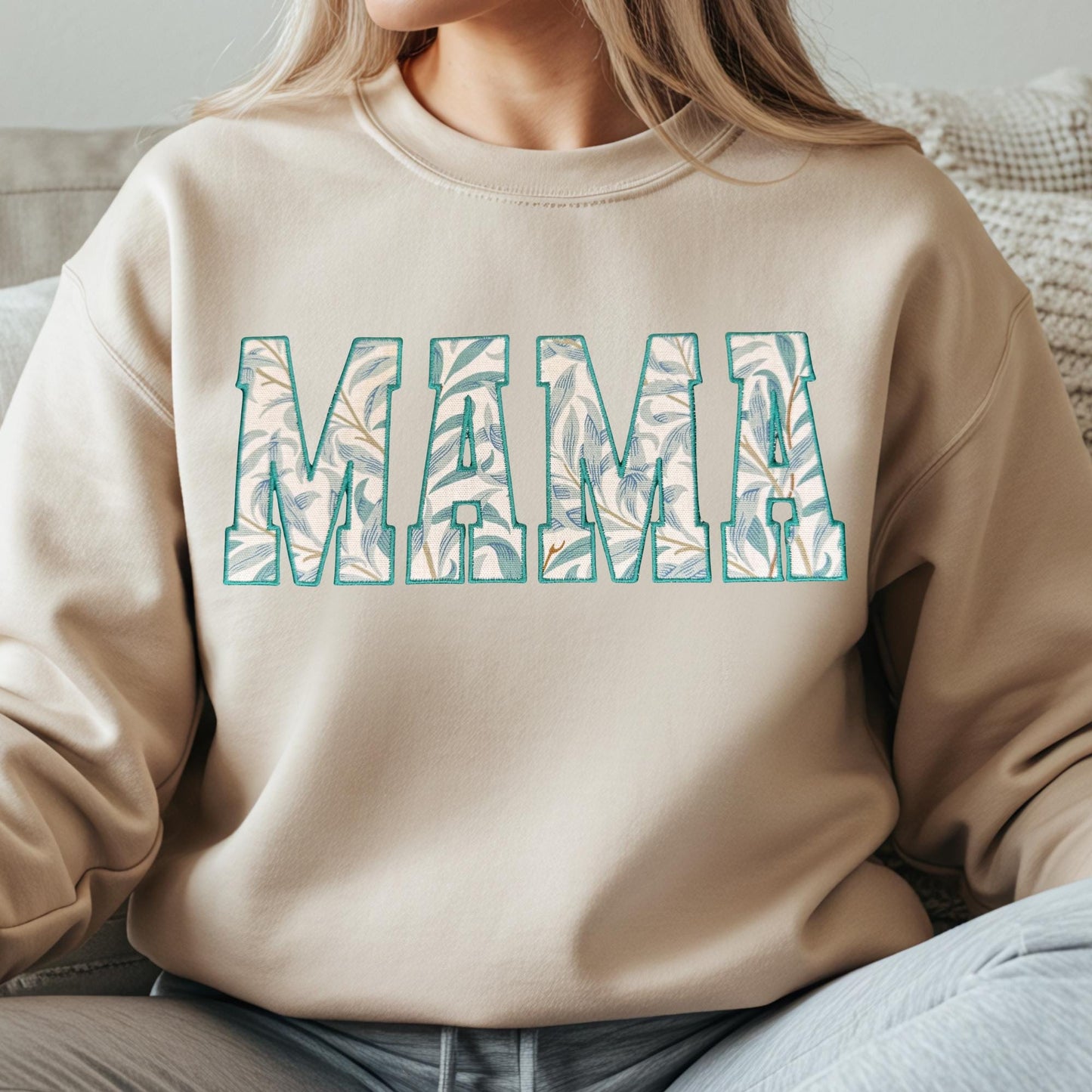 William Morris Willow Bough Green MAMA Applique Crewneck - Embroidered Satin Stitch - Designer Fabric England - Gildan & Comfort Colors