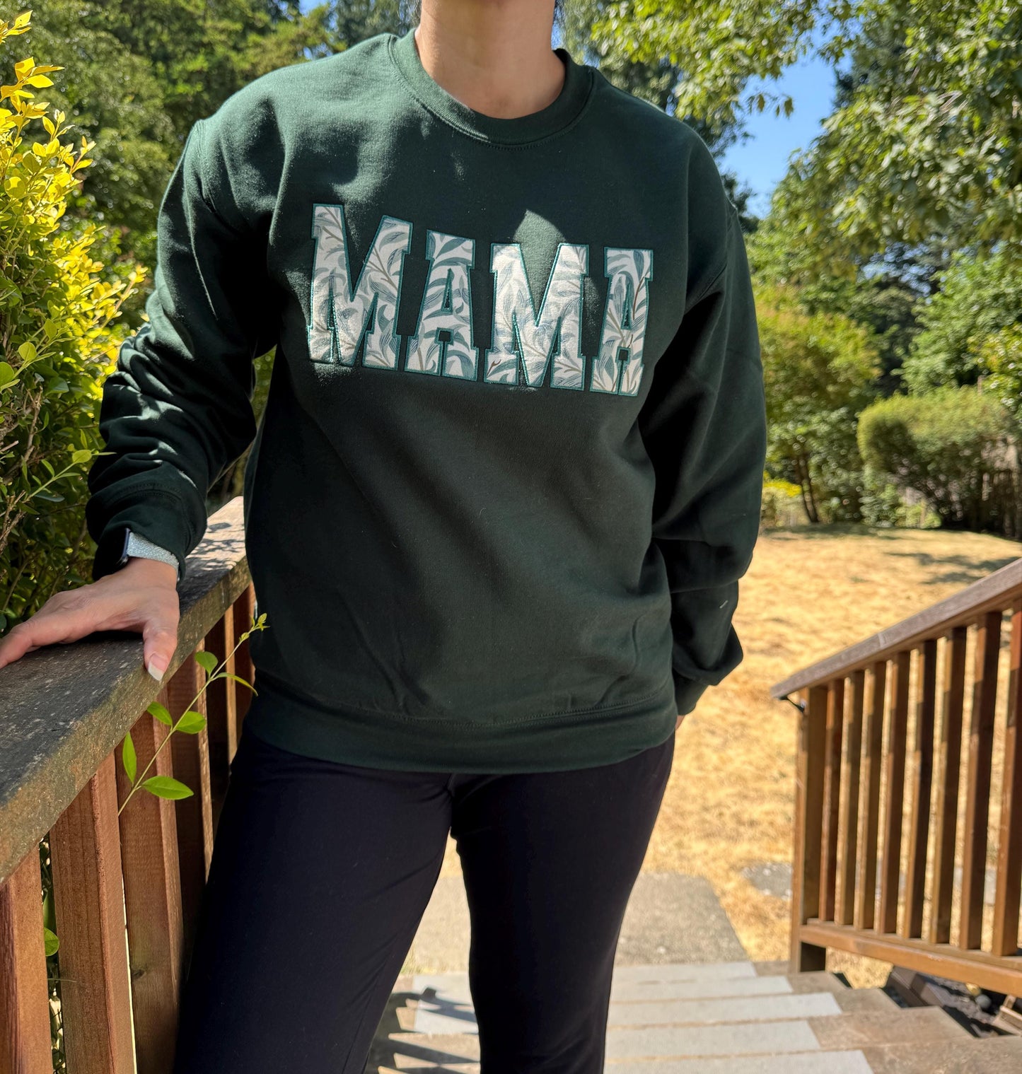 William Morris Willow Bough Green MAMA Applique Crewneck - Embroidered Satin Stitch - Designer Fabric England - Gildan & Comfort Colors