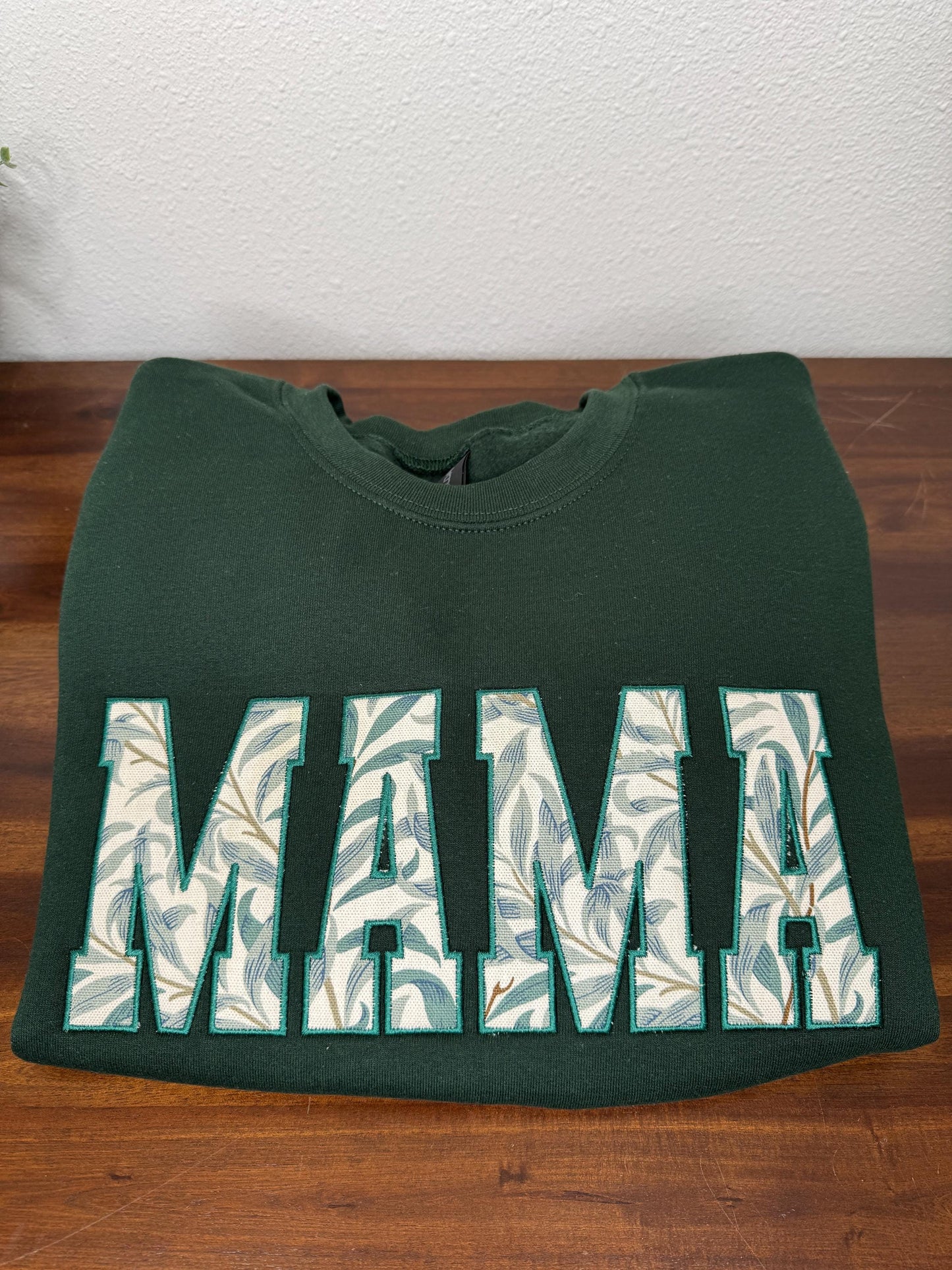 William Morris Willow Bough Green MAMA Applique Crewneck - Embroidered Satin Stitch - Designer Fabric England - Gildan & Comfort Colors