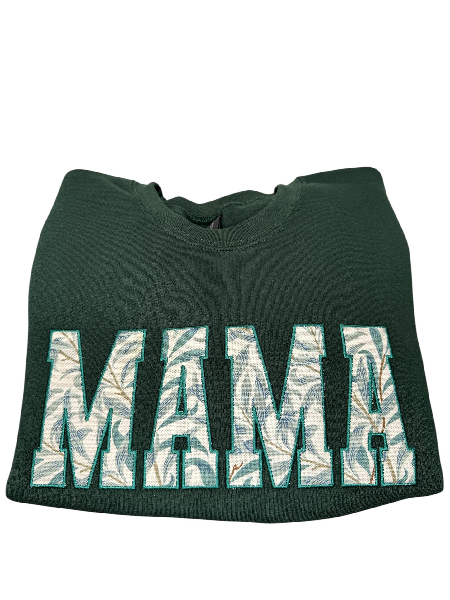 William Morris Willow Bough Green MAMA Applique Crewneck - Embroidered Satin Stitch - Designer Fabric England - Gildan & Comfort Colors