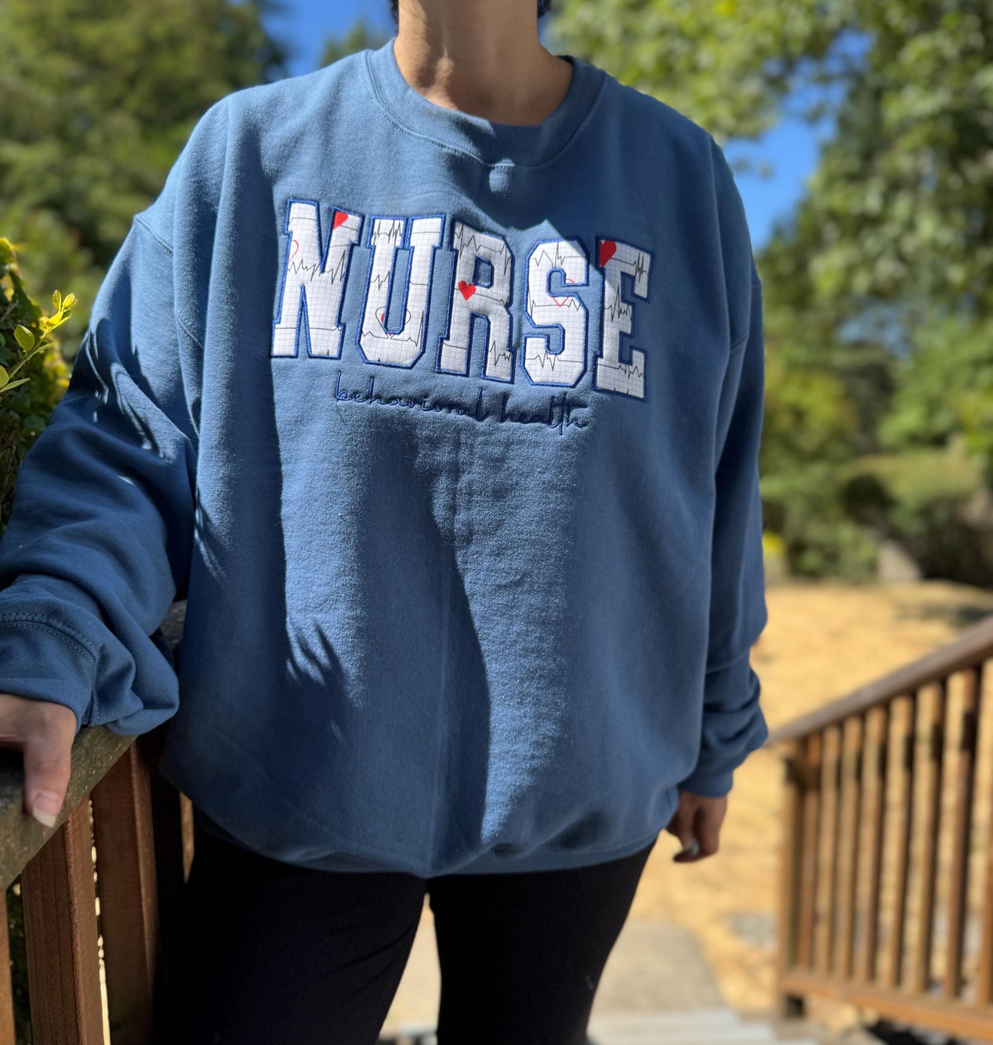 NURSE embroidered Applique Crewneck - Nurse vitals hearts fabric - satin stitch finish - Healthcare RN - Gildan & Comfort Colors
