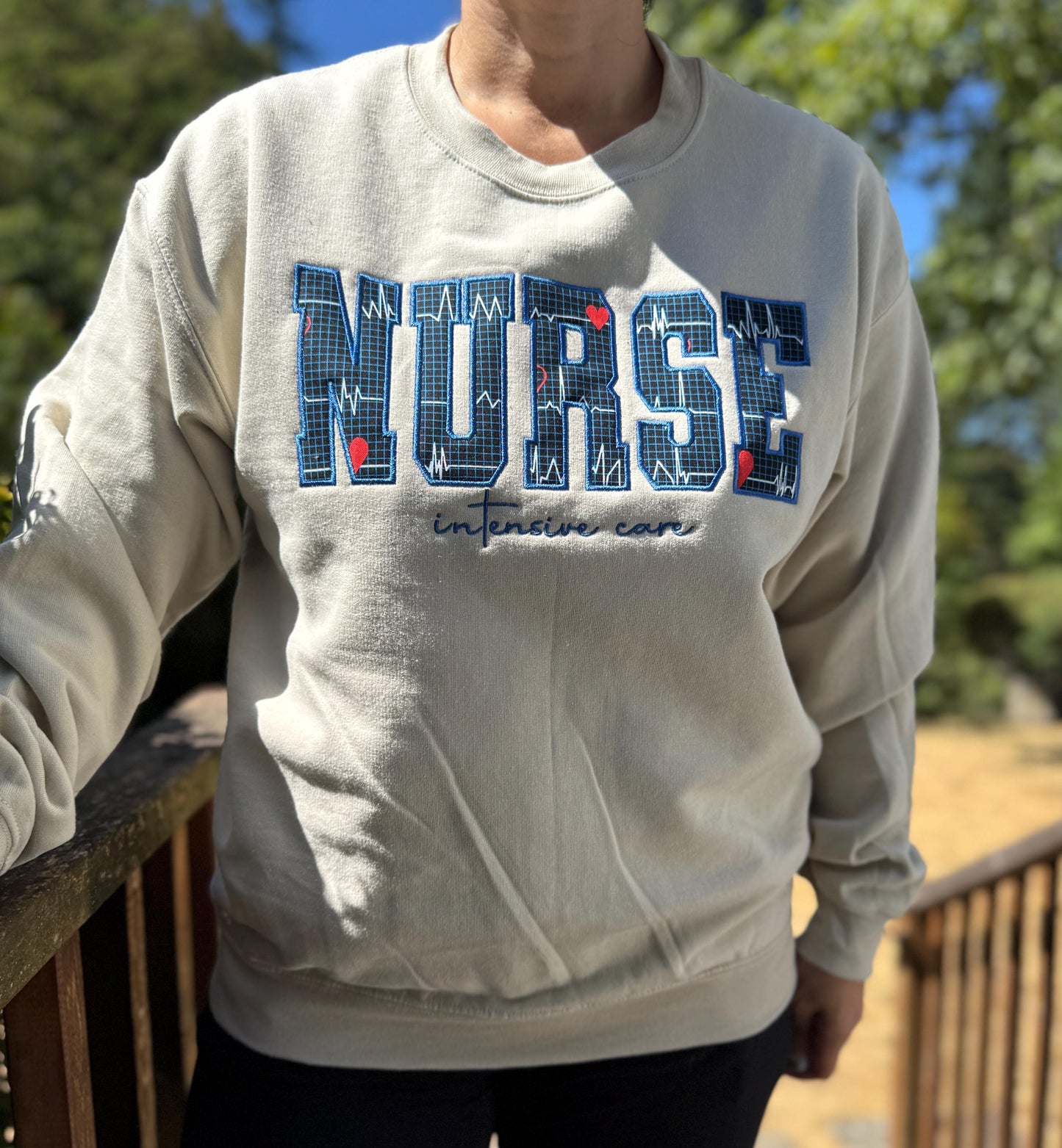 NURSE embroidered Applique Crewneck - Nurse vitals hearts fabric - satin stitch finish - Healthcare RN - Gildan & Comfort Colors