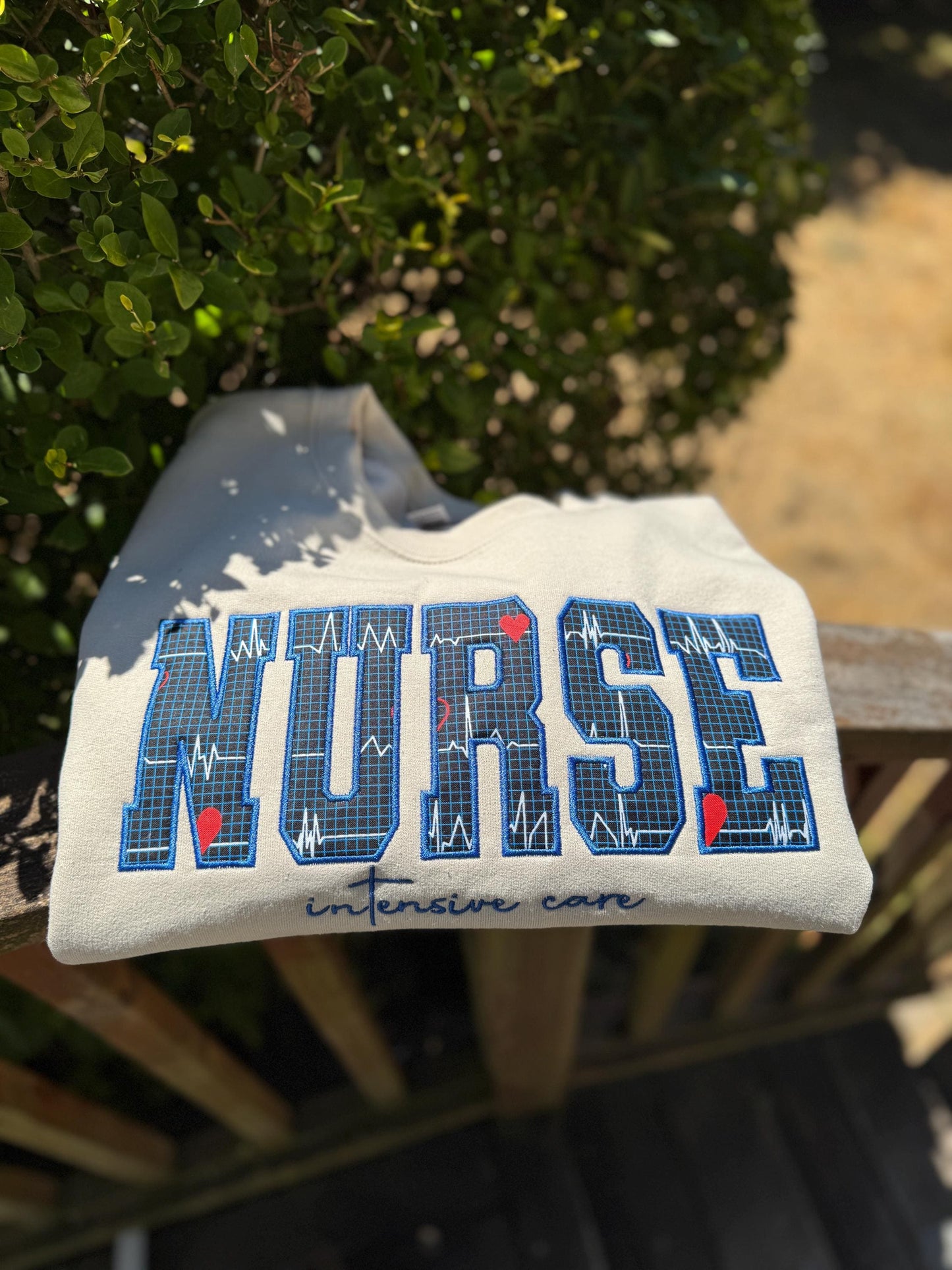 NURSE embroidered Applique Crewneck - Nurse vitals hearts fabric - satin stitch finish - Healthcare RN - Gildan & Comfort Colors