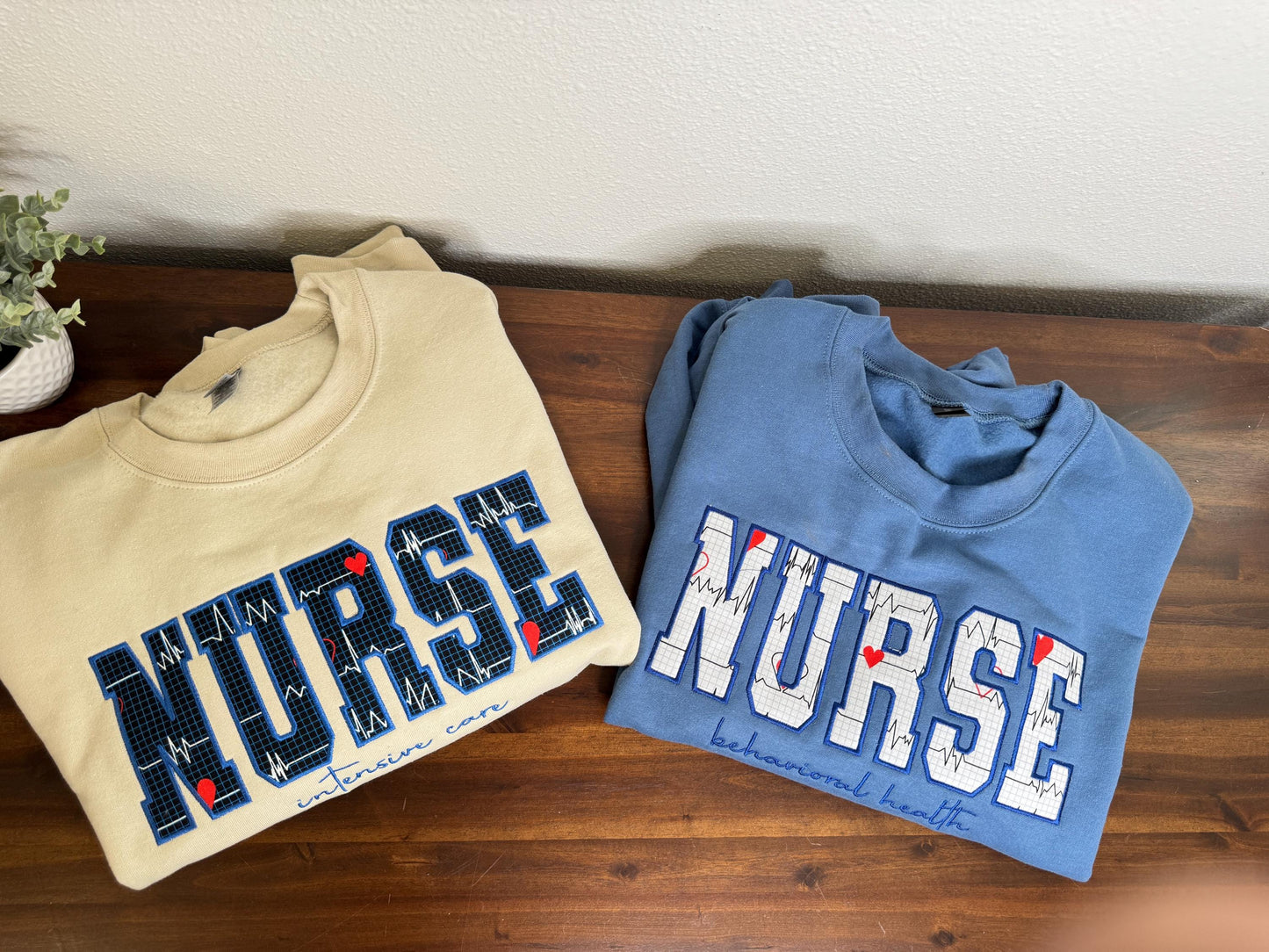 NURSE embroidered Applique Crewneck - Nurse vitals hearts fabric - satin stitch finish - Healthcare RN - Gildan & Comfort Colors