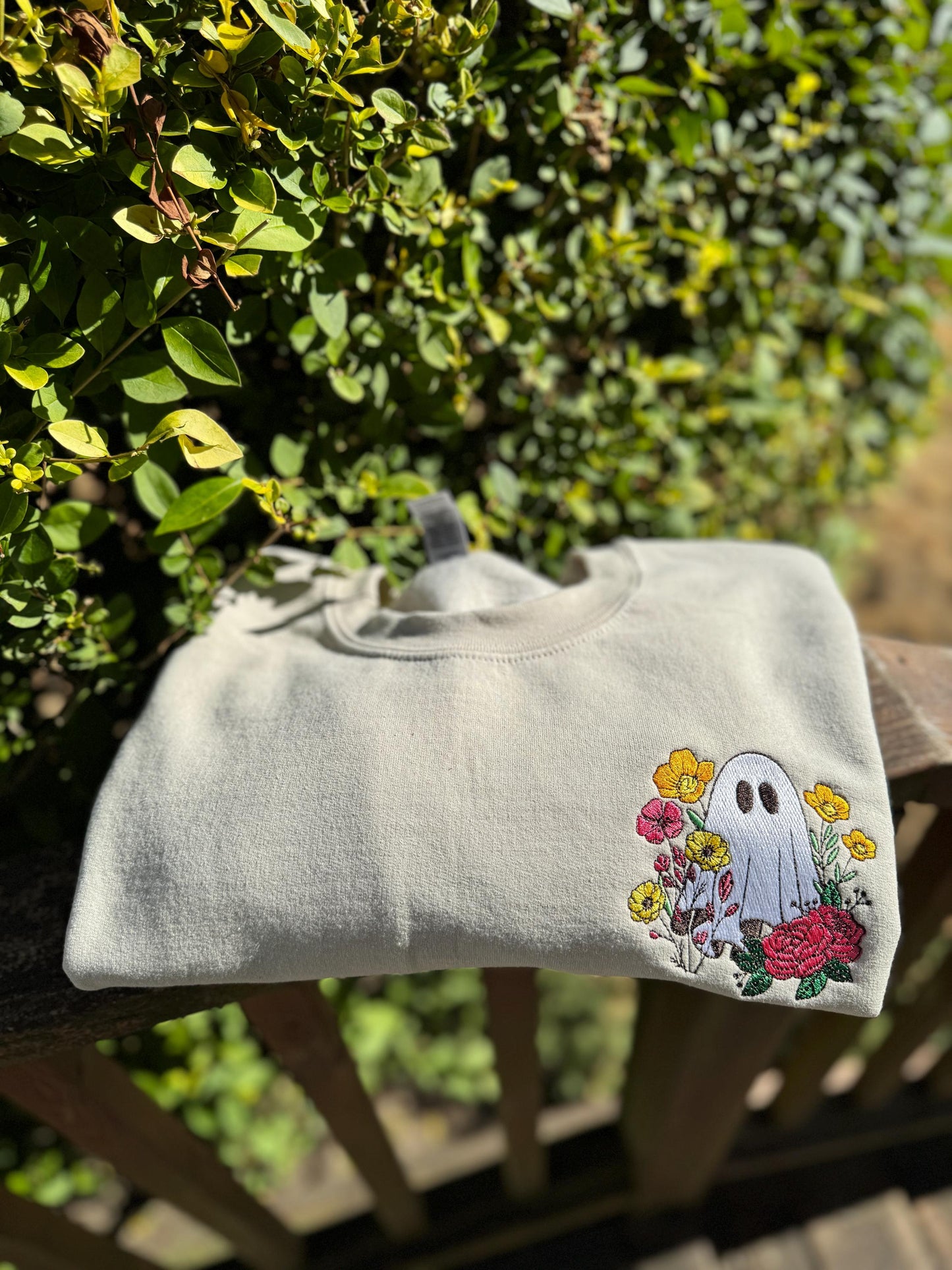 Embroidered Ghost in the Flower Garden Halloween Crewneck - Ghost Flowers Colorful Halloween - Spooky Season -Gildan/Comfort Colors