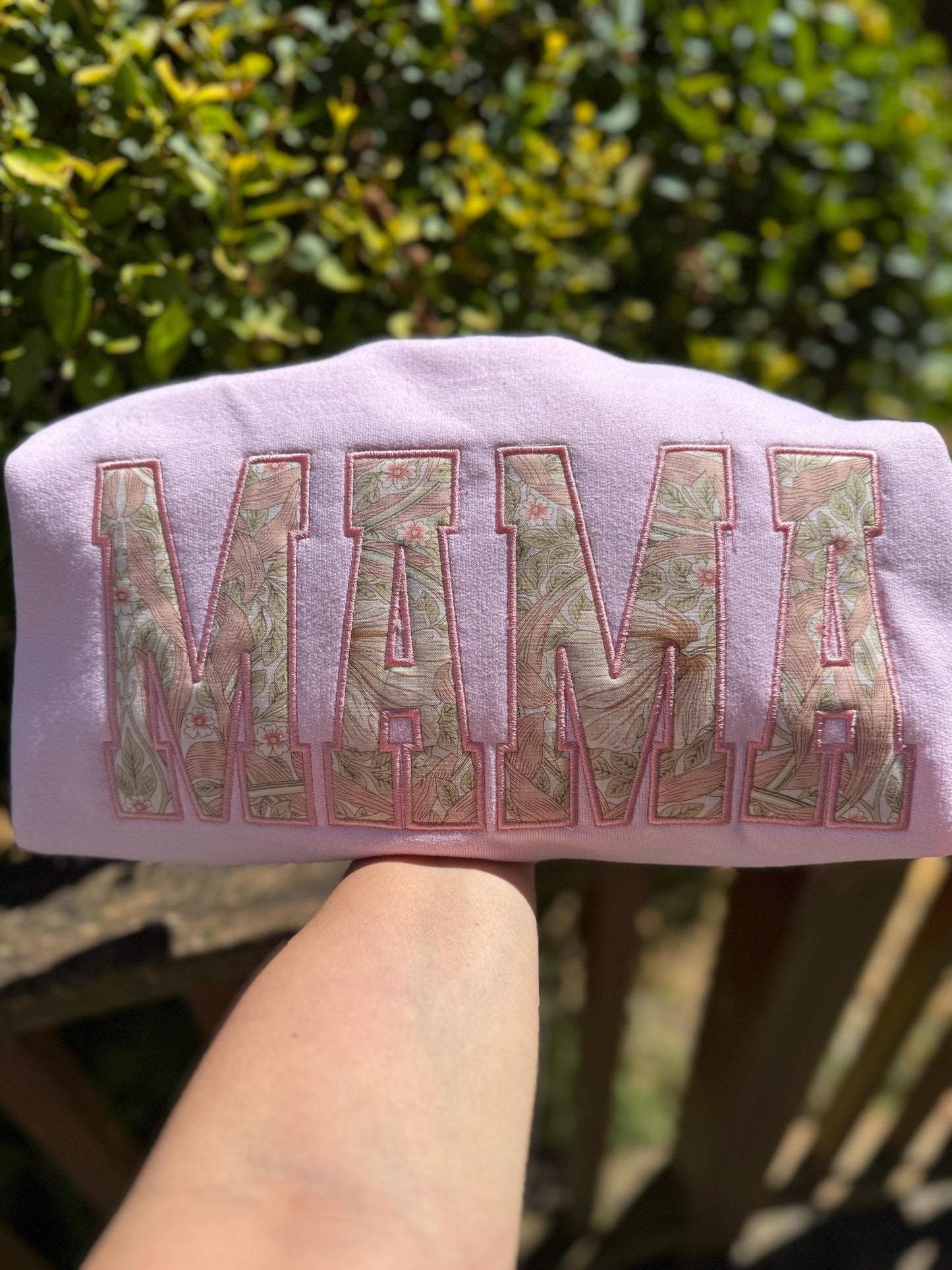 William Morris Pimpernel Blush MAMA Applique Crewneck - Embroidered Satin Stitch - Designer Fabric England - Gildan & Comfort Colors